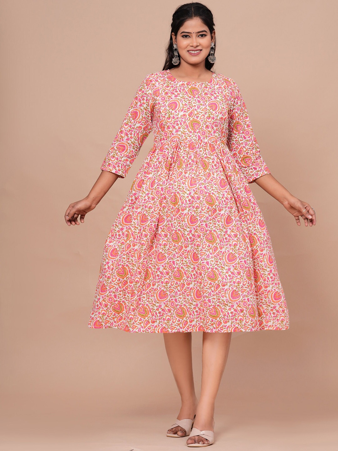 

PREKSHA Ethnic Motifs Printed Cotton Maternity Ethnic Dress, Pink