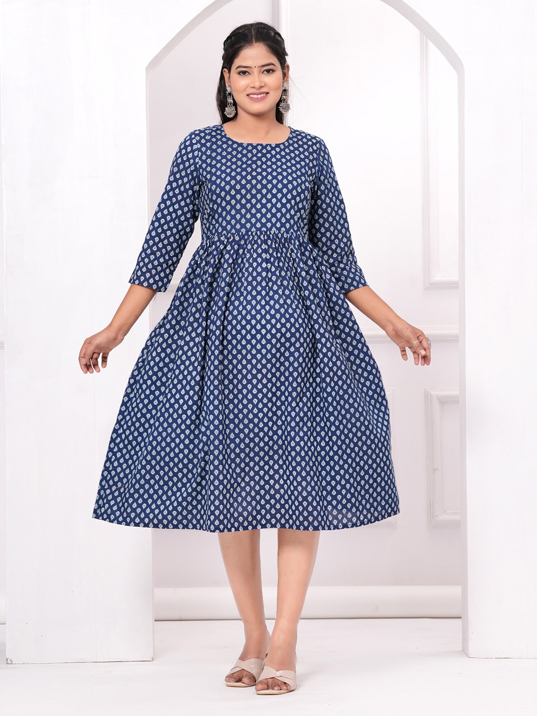 

PREKSHA Ethnic Motifs Printed Maternity Ethnic Dress, Blue