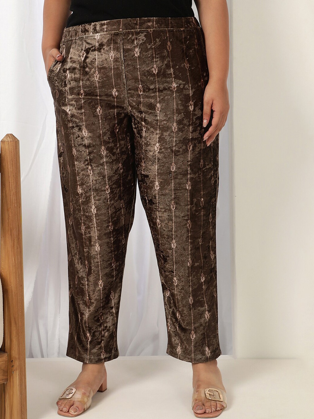 Amydus Women Plus Size Ethnic Motifs Printed Trouser, Brown