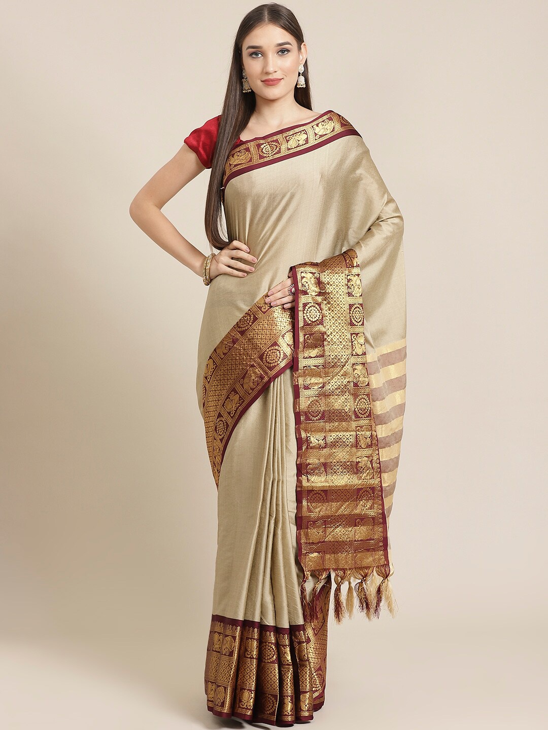 

KALINI Zari Banarasi Saree, Beige