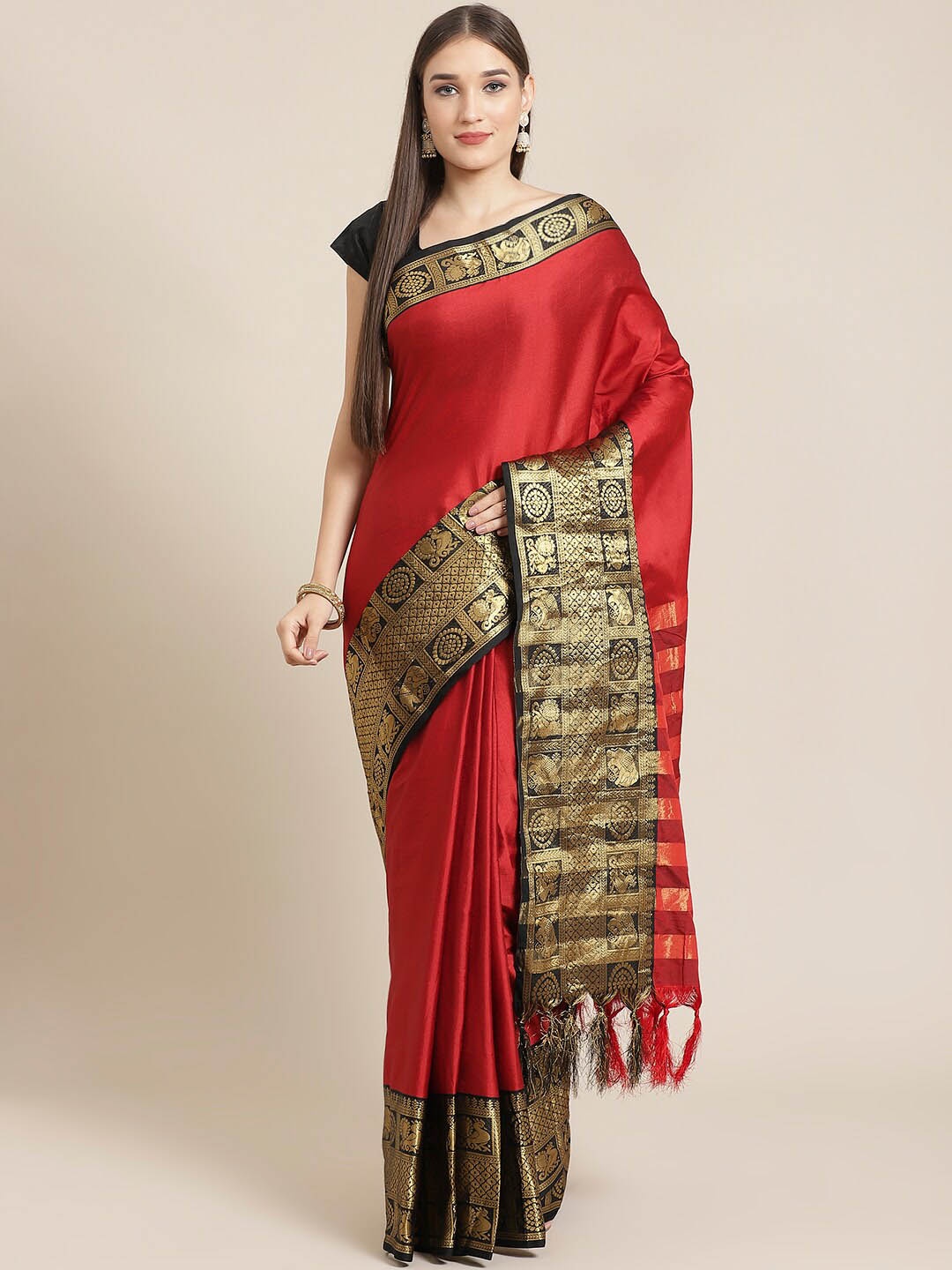 

KALINI Woven Design Border Zari Detailed Saree, Red