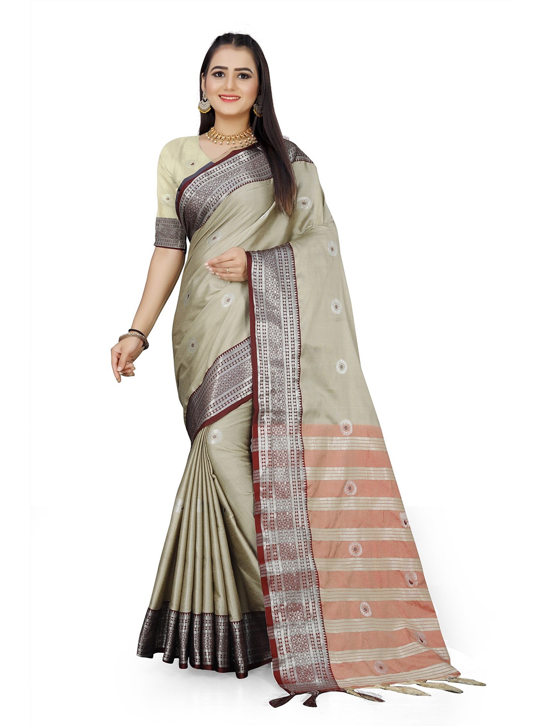 

KALINI Ethnic Motifs Woven Design Zari Detail Saree, Beige