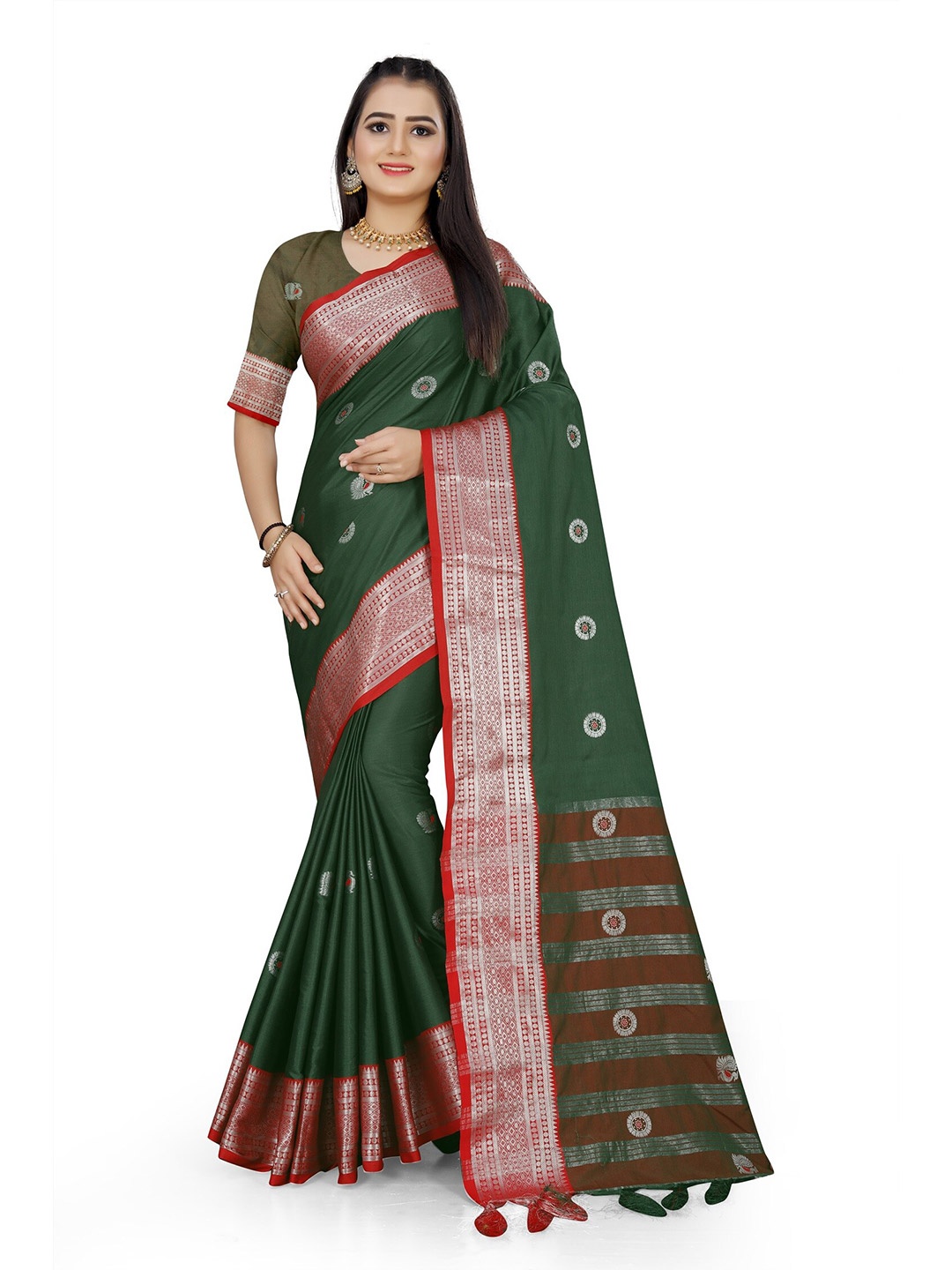 

KALINI Ethnic Motifs Woven Design Zari Detail Saree, Green