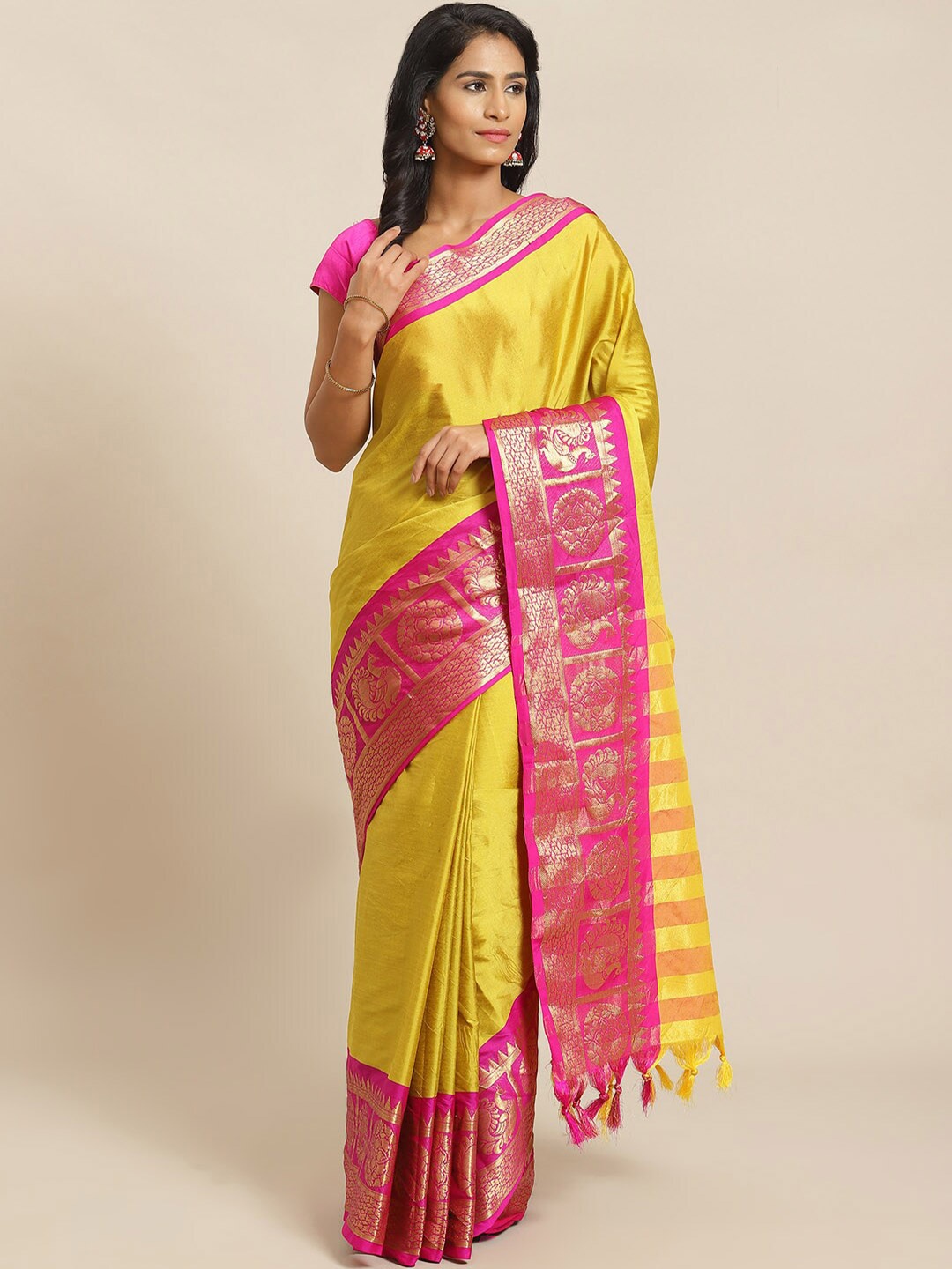 

KALINI Woven Design Border Zari Detail Saree, Yellow