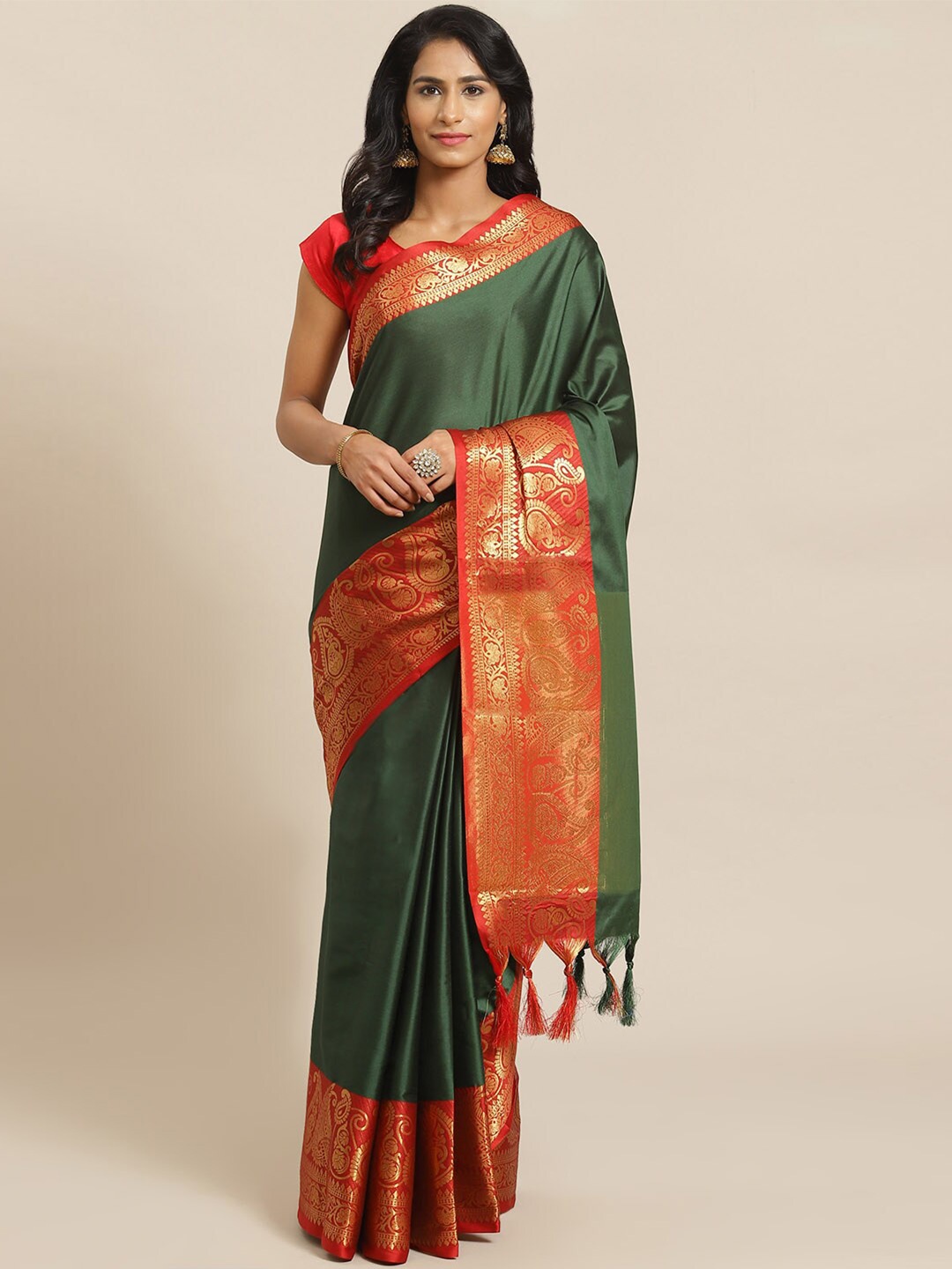 

KALINI Woven Design Border Zari Banarasi Saree, Green