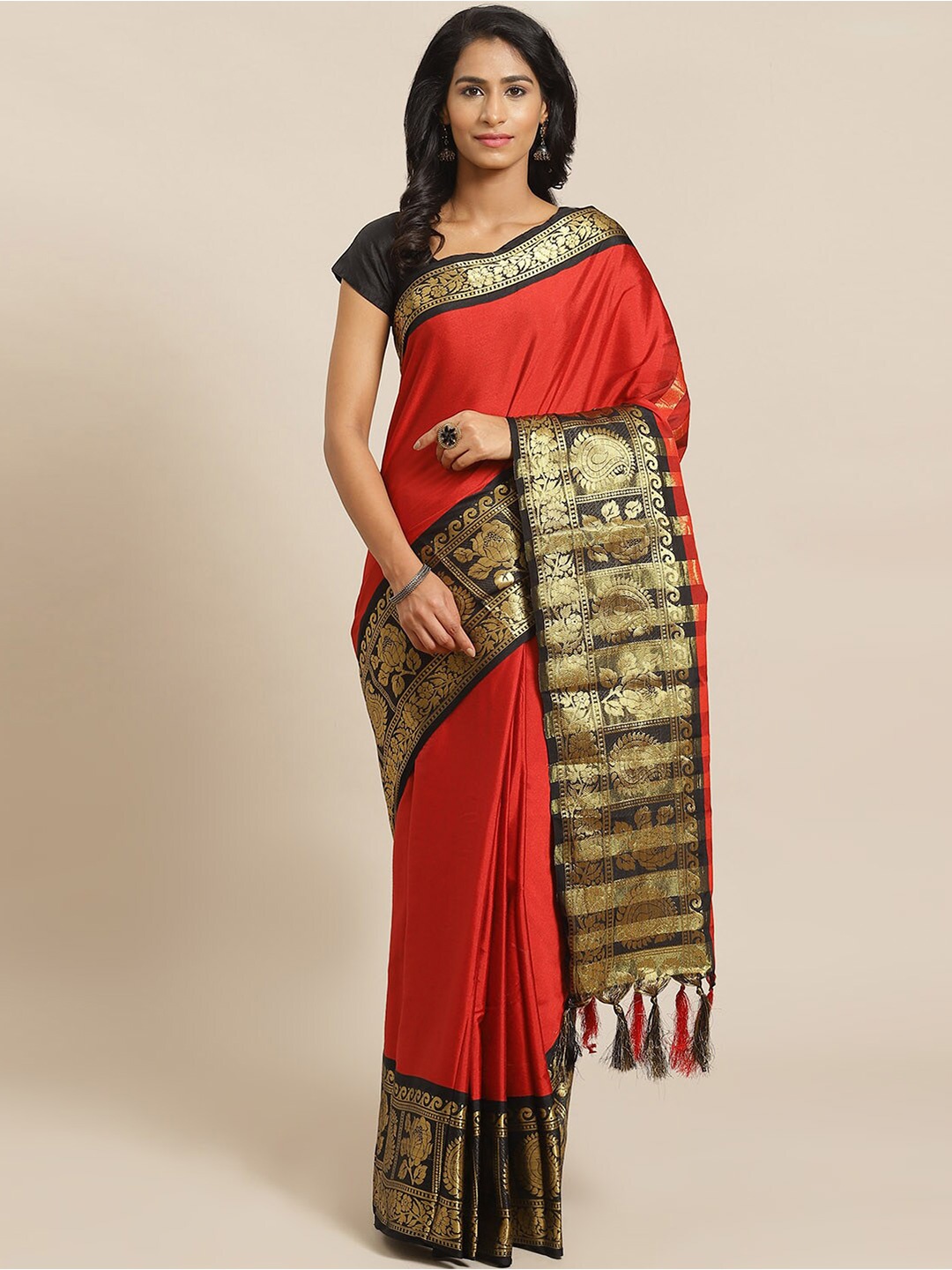 

KALINI Woven Design Border Zari Banarasi Saree, Red