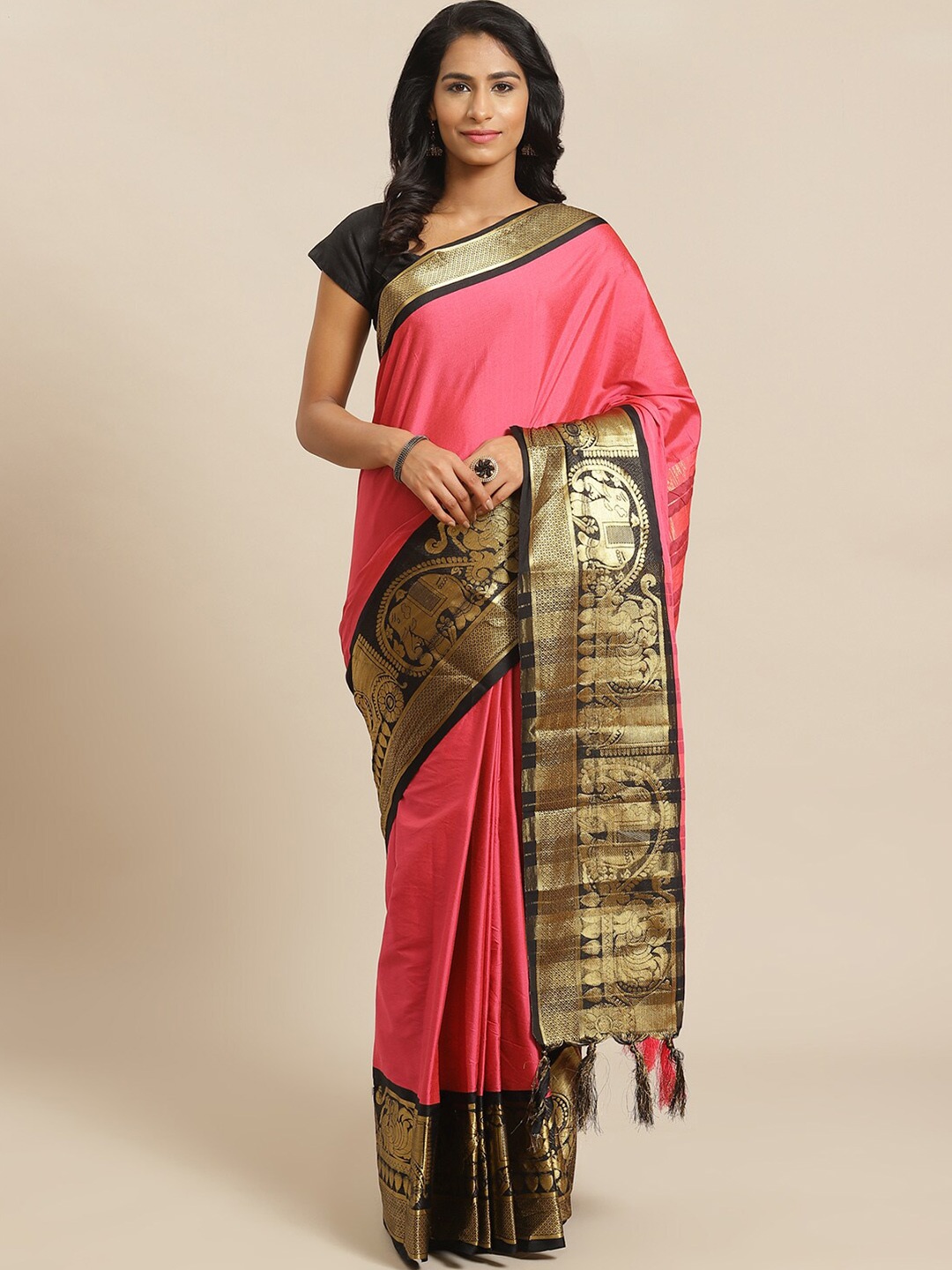 

KALINI Solid Zari Banarasi Saree, Pink