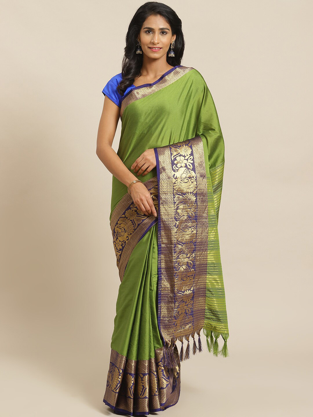 

KALINI Solid Zari Banarasi Saree, Green