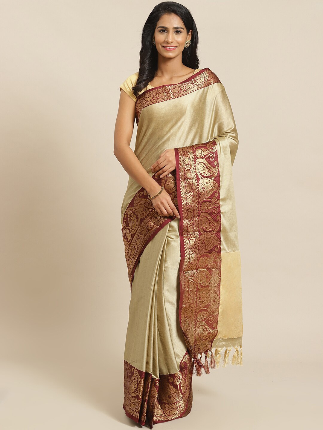 

KALINI Solid Zari Banarasi Saree, Beige