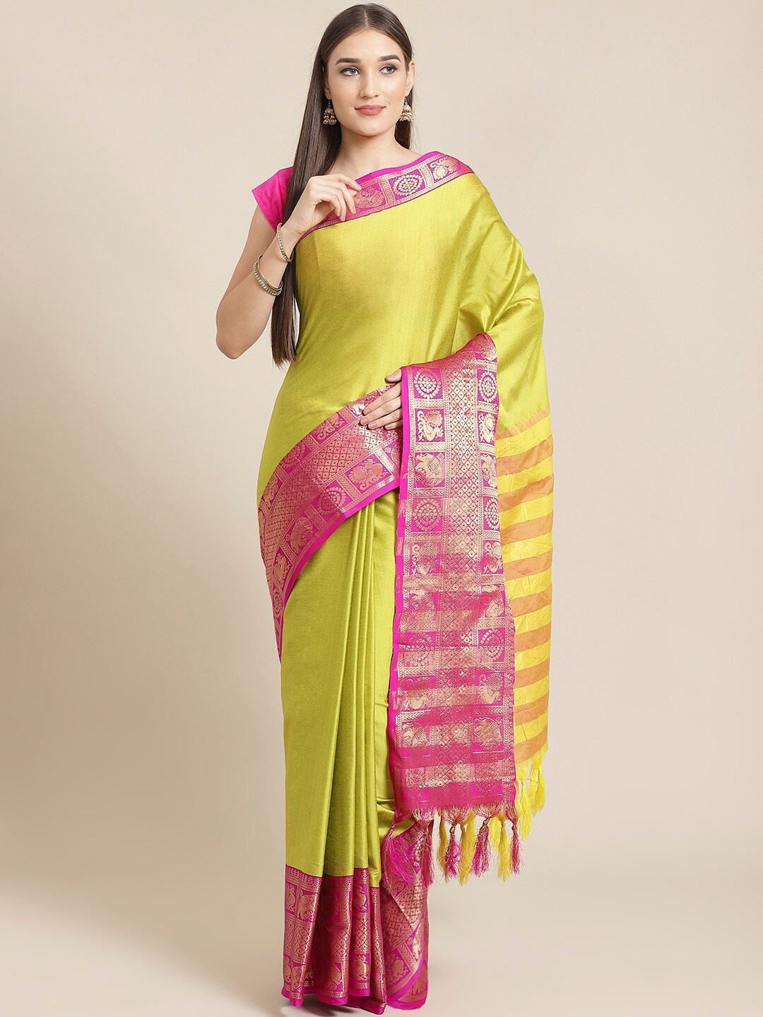 

KALINI Woven Design Border Zari Detailed Saree, Yellow