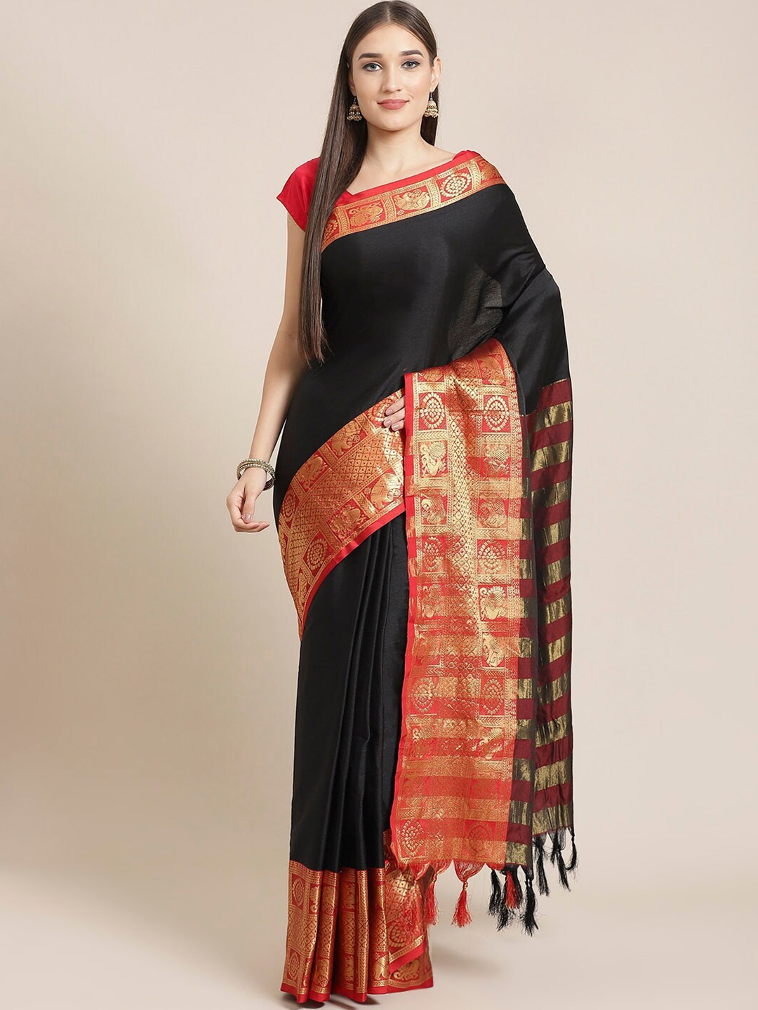 

KALINI Woven Design Border Zari Detailed Saree, Black