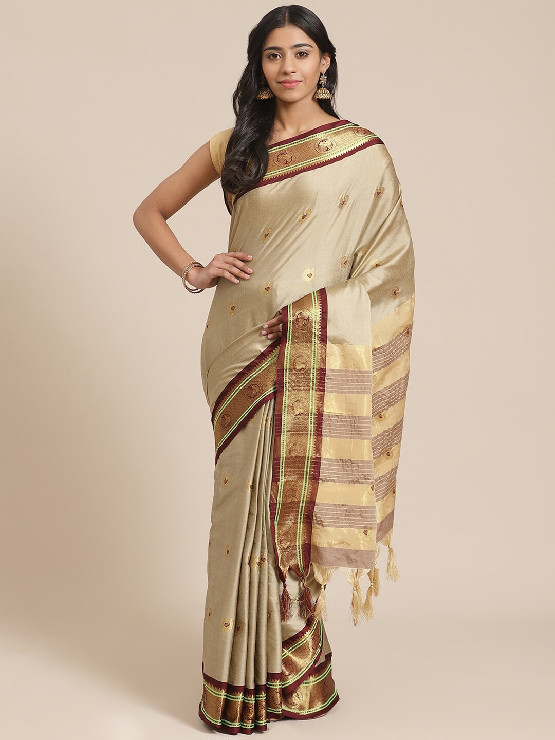 

KALINI Ethnic Motifs Woven Design Zari Detail Saree, Beige