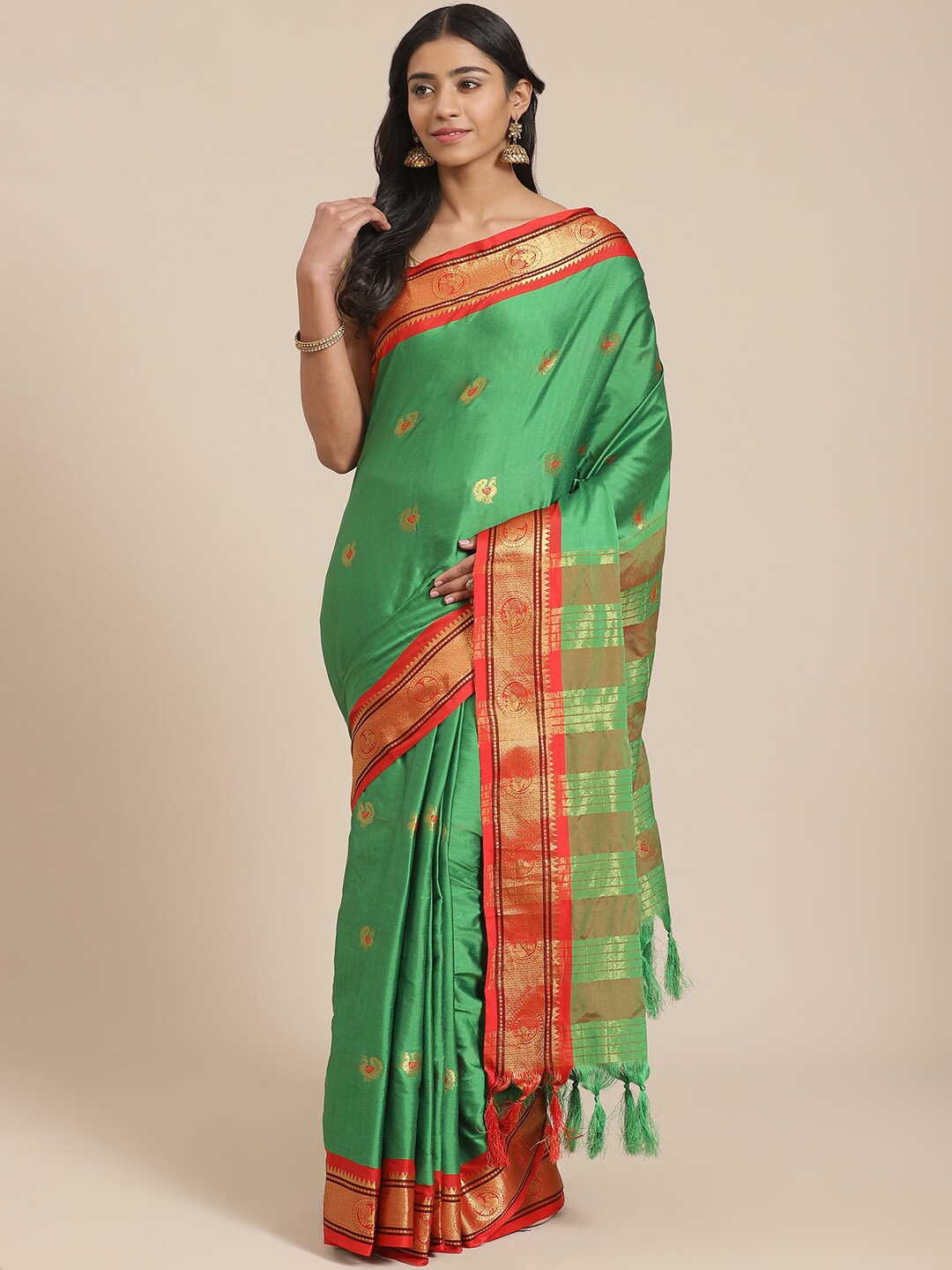 

KALINI Ethnic Motifs Woven Design Zari Detail Saree, Green