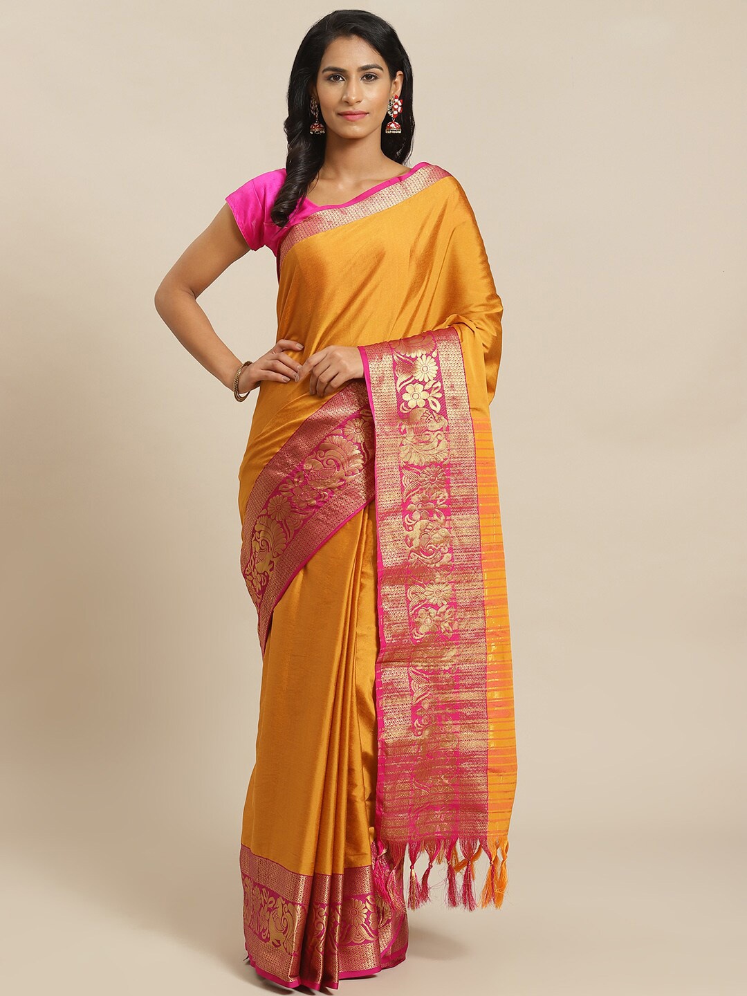 

KALINI Solid Zari Banarasi Saree, Mustard