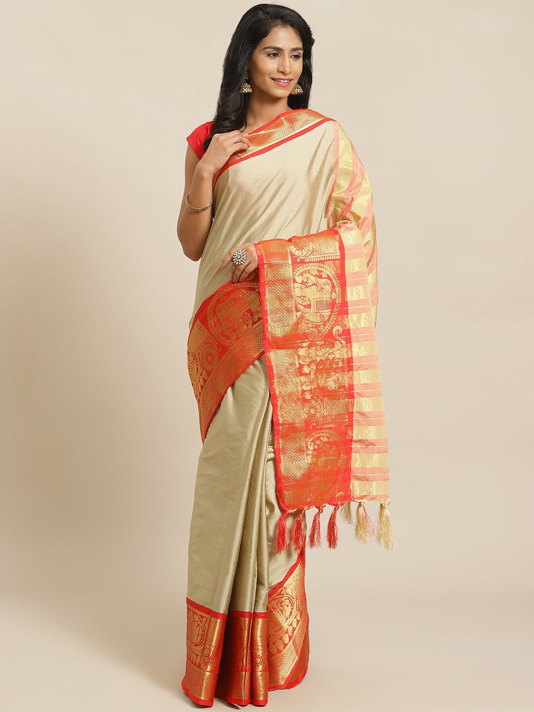 

KALINI Woven Design Border Zari Detailed Saree, Beige
