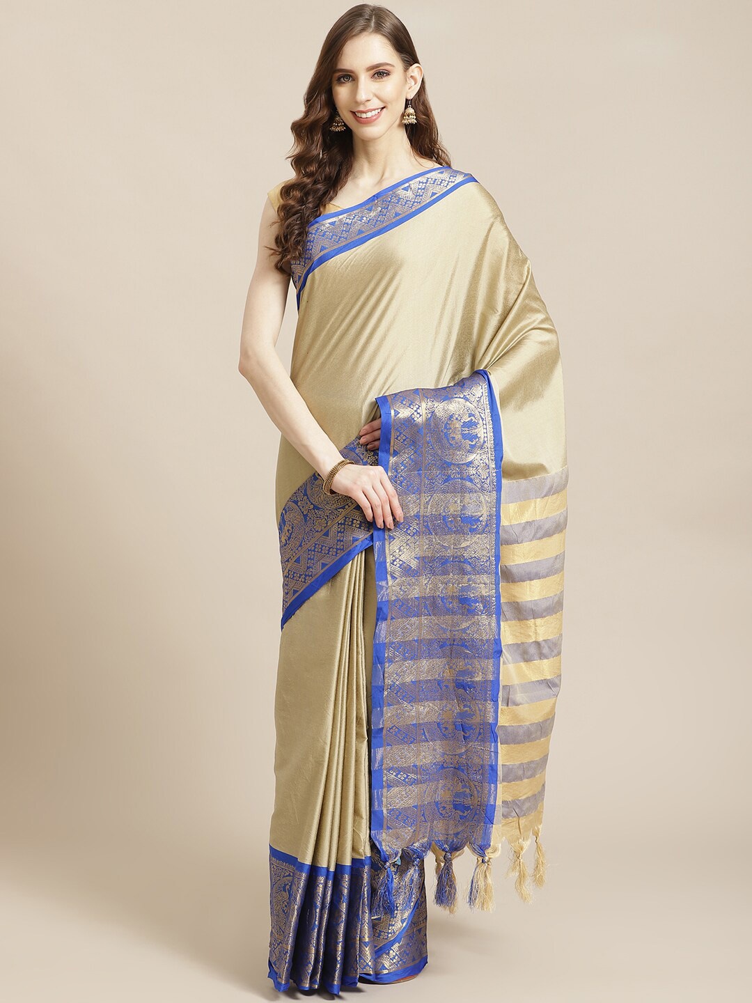 

KALINI Woven Design Border Zari Detail Saree, Beige