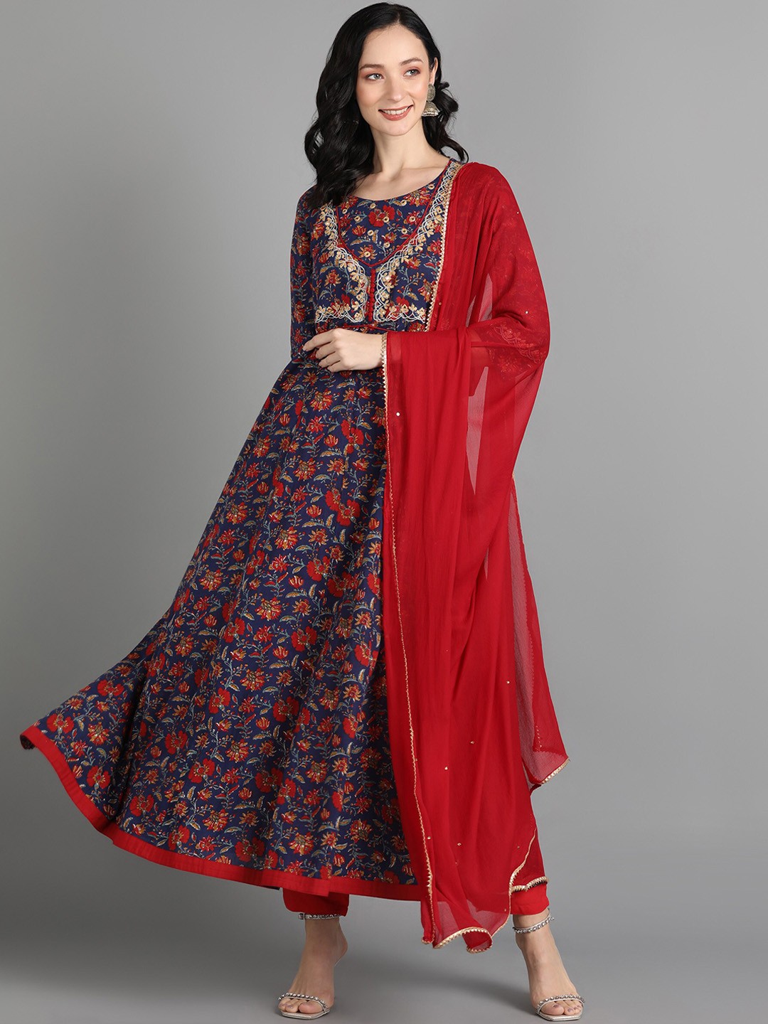 

AAYUMI Floral Printed Thread Work Anarkali Kurta With Trousers & Dupatta, Navy blue