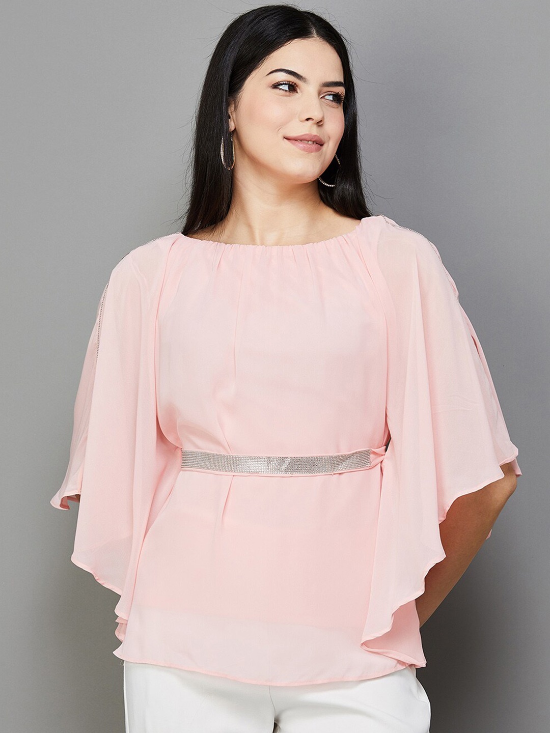 

CODE by Lifestyle Boat Neck Flared Sleeves Gathered Detail Top With Belt, Pink