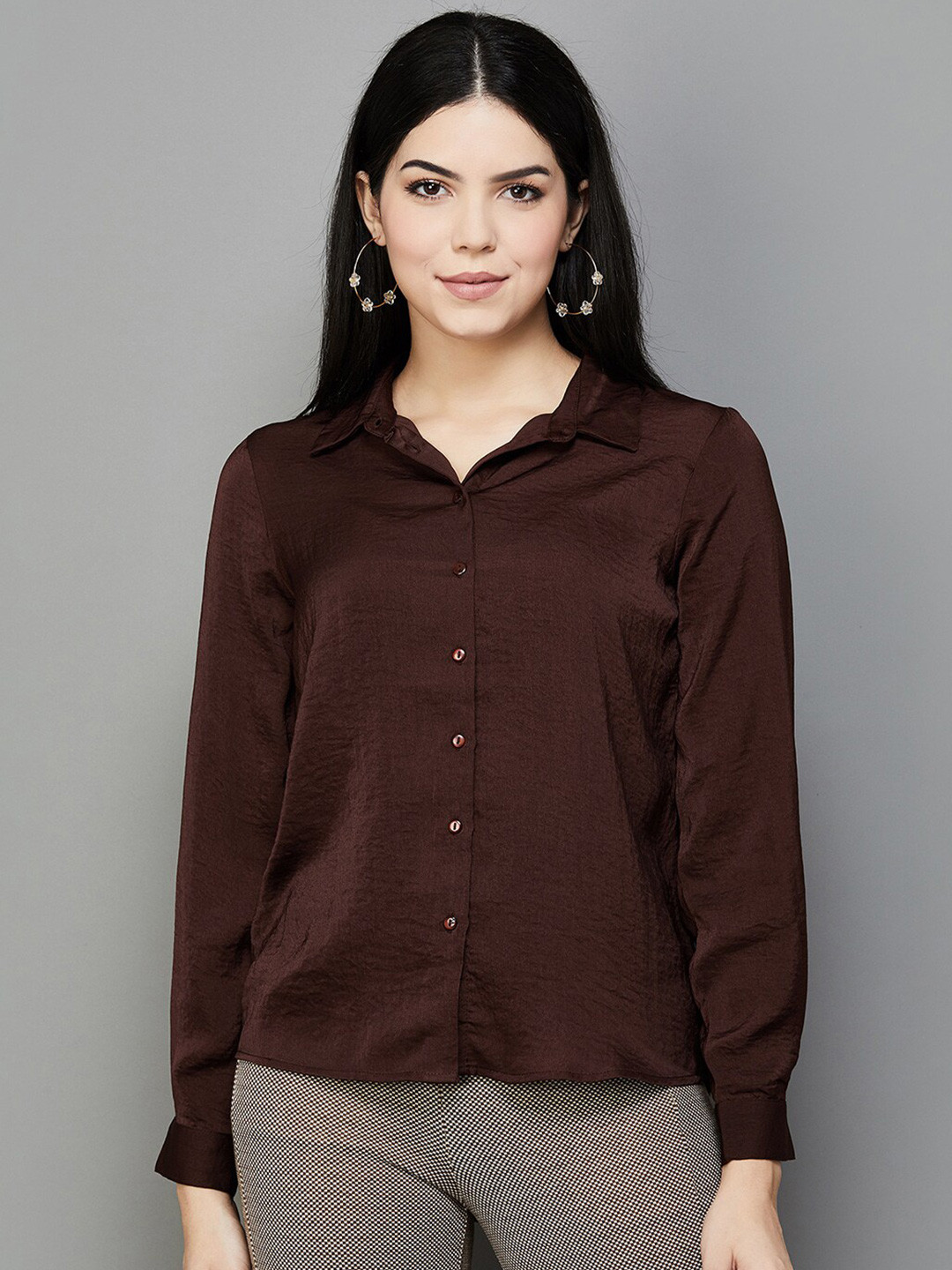 

CODE by Lifestyle Cuffed Sleeves Shirt Style Top, Brown
