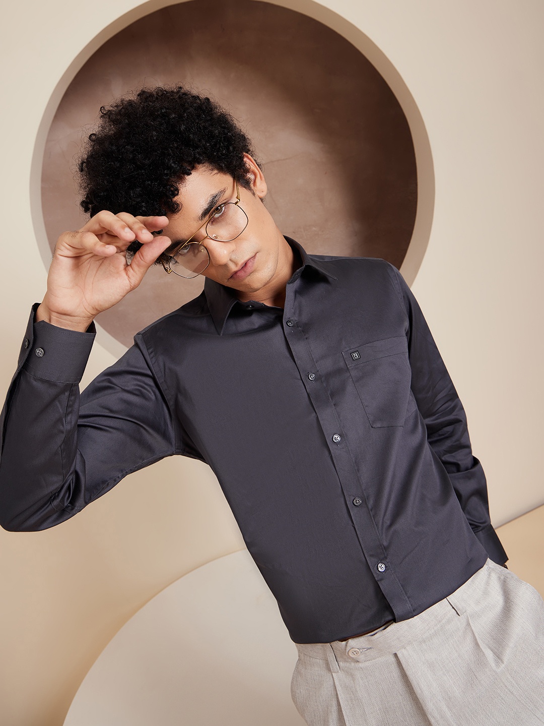 

DENNISON Brand Logo Cotton Satin Shirt, Grey