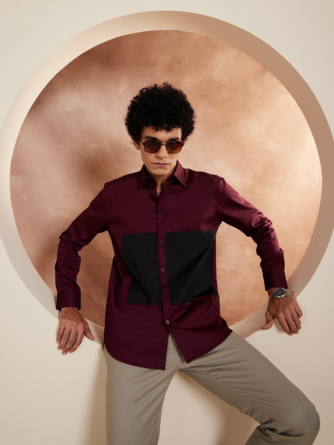 

DENNISON Smart Colorblocked Cotton Casual Shirt, Maroon
