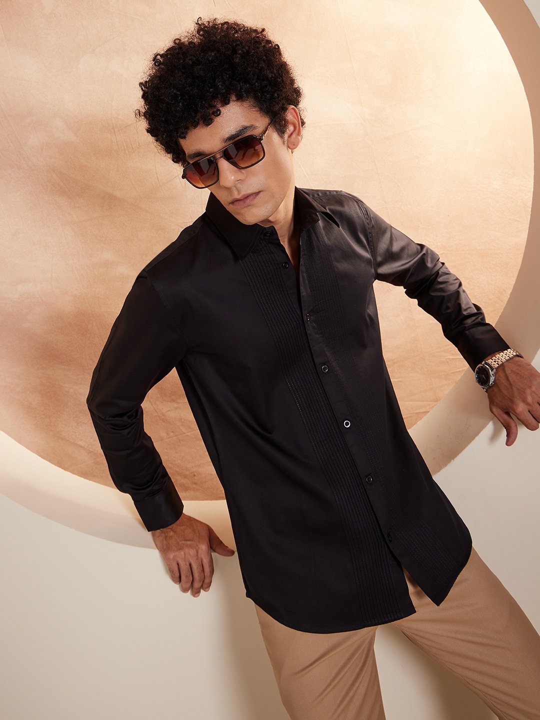 

DENNISON Smart Pin Tucks Cotton Casual Shirt, Black