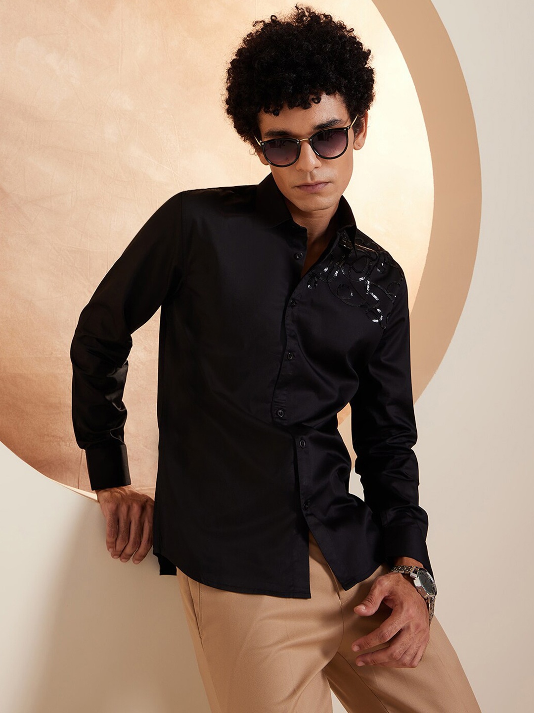 

DENNISON Smart Sequened Cotton Party Shirt, Black