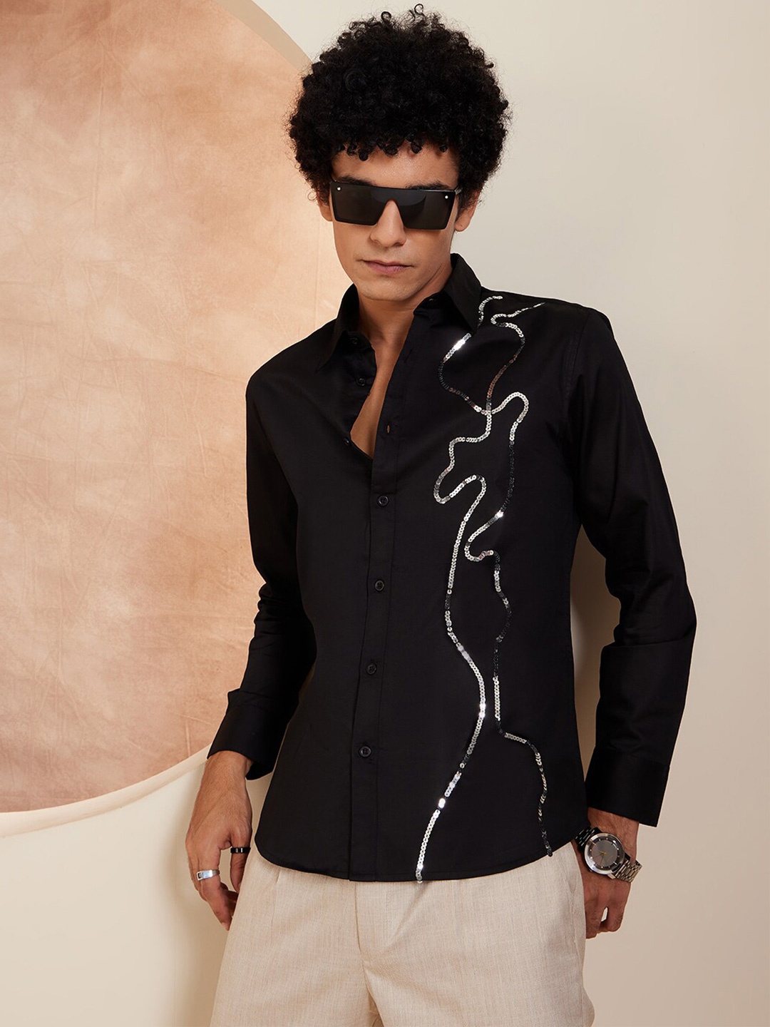 

DENNISON Smart Sequened Cotton Party Shirt, Black