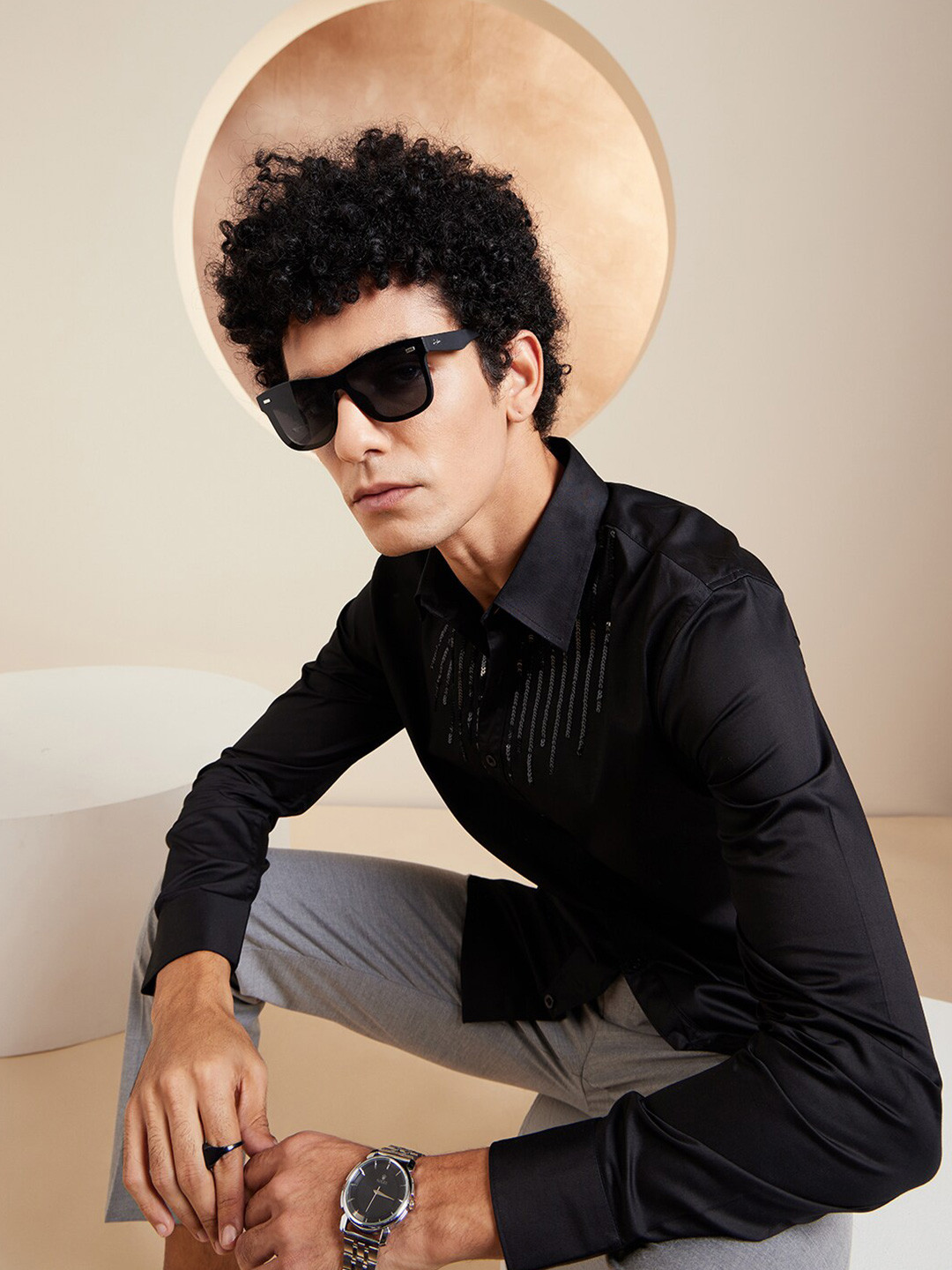 

DENNISON Sequined Long Sleeve Cotton Embellished Party Shirt, Black