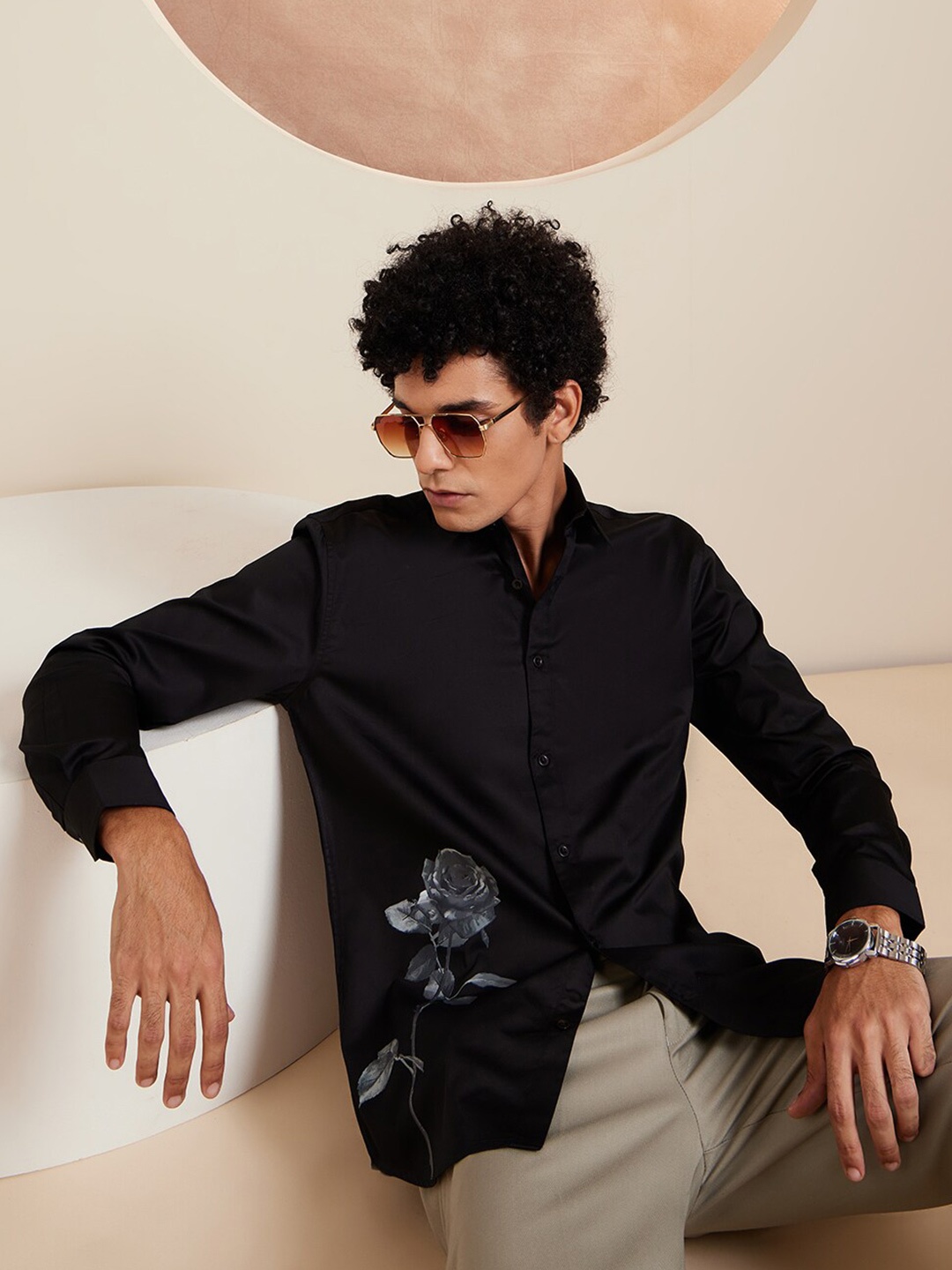 

DENNISON Smart Floral Printed Spread Collar Long Sleeve Cotton Shirt, Black