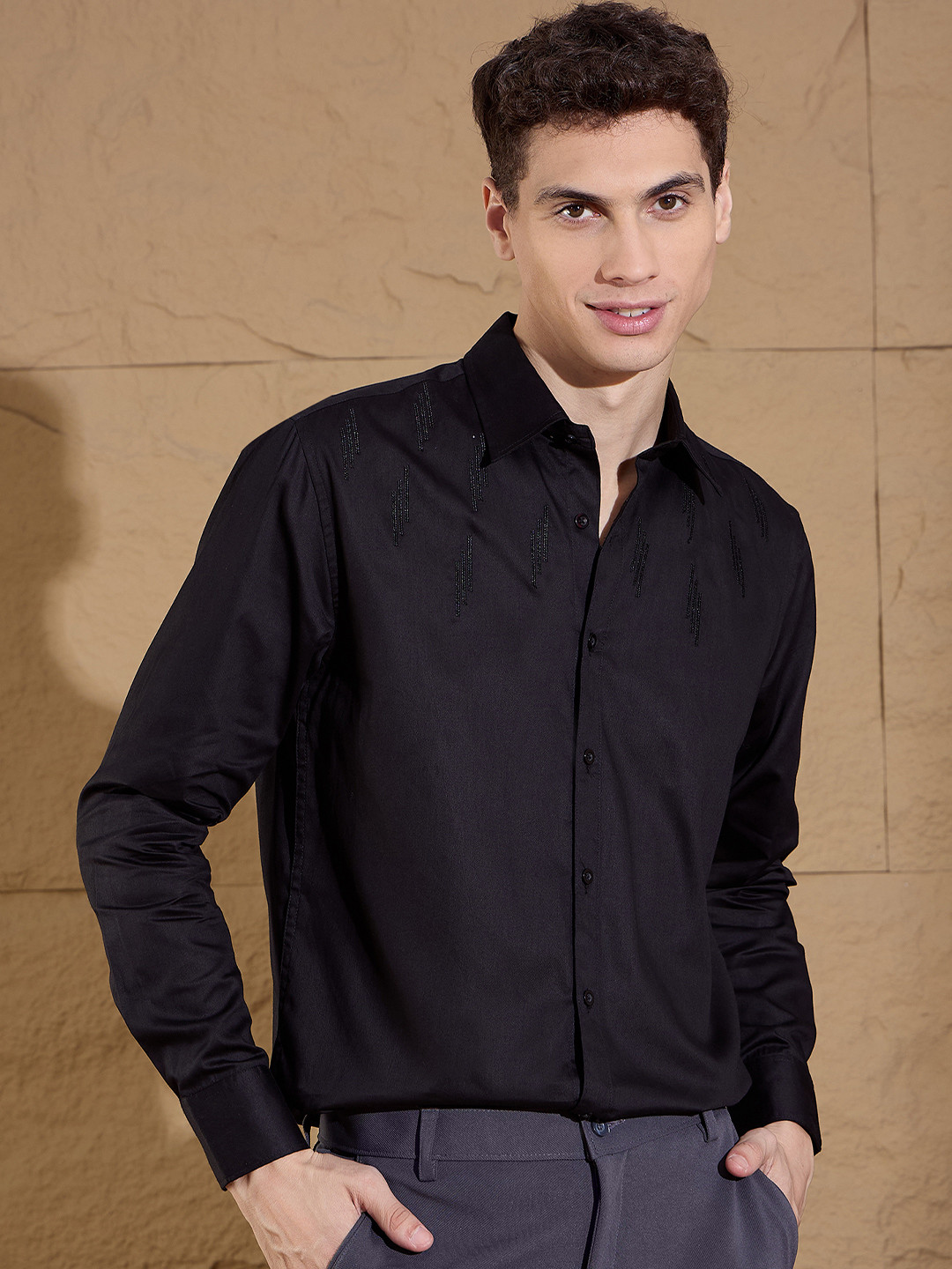 

DENNISON Smart Self Design Embroidered Spread Collar Long Sleeve Cotton Shirt, Black