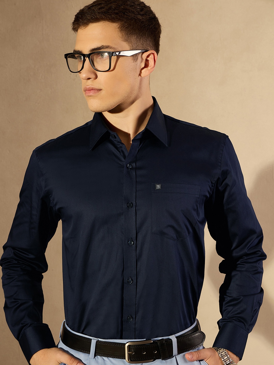 

DENNISON Smart Solid Opaque Pure Cotton Satin Shirt, Navy blue