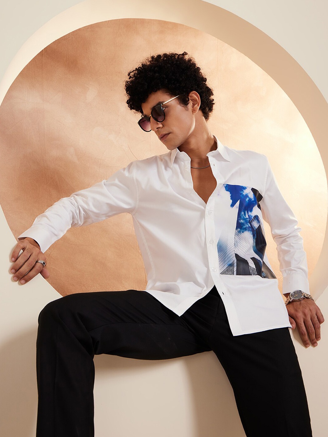 

DENNISON Smart Opaque Graphic Printed Cotton Casual Shirt, White