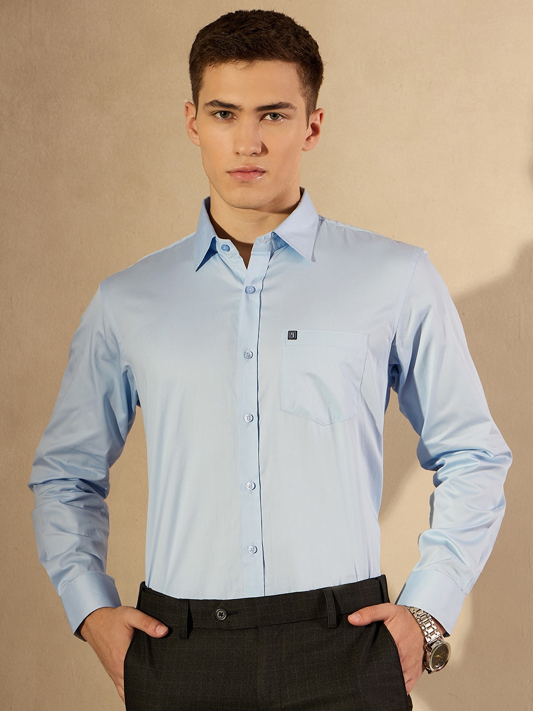 

DENNISON Smart Solid Opaque Pure Cotton Satin Shirt, Blue