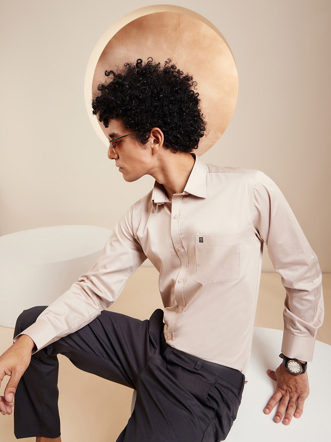 

DENNISON Brand Logo Cotton Satin Shirt, Beige