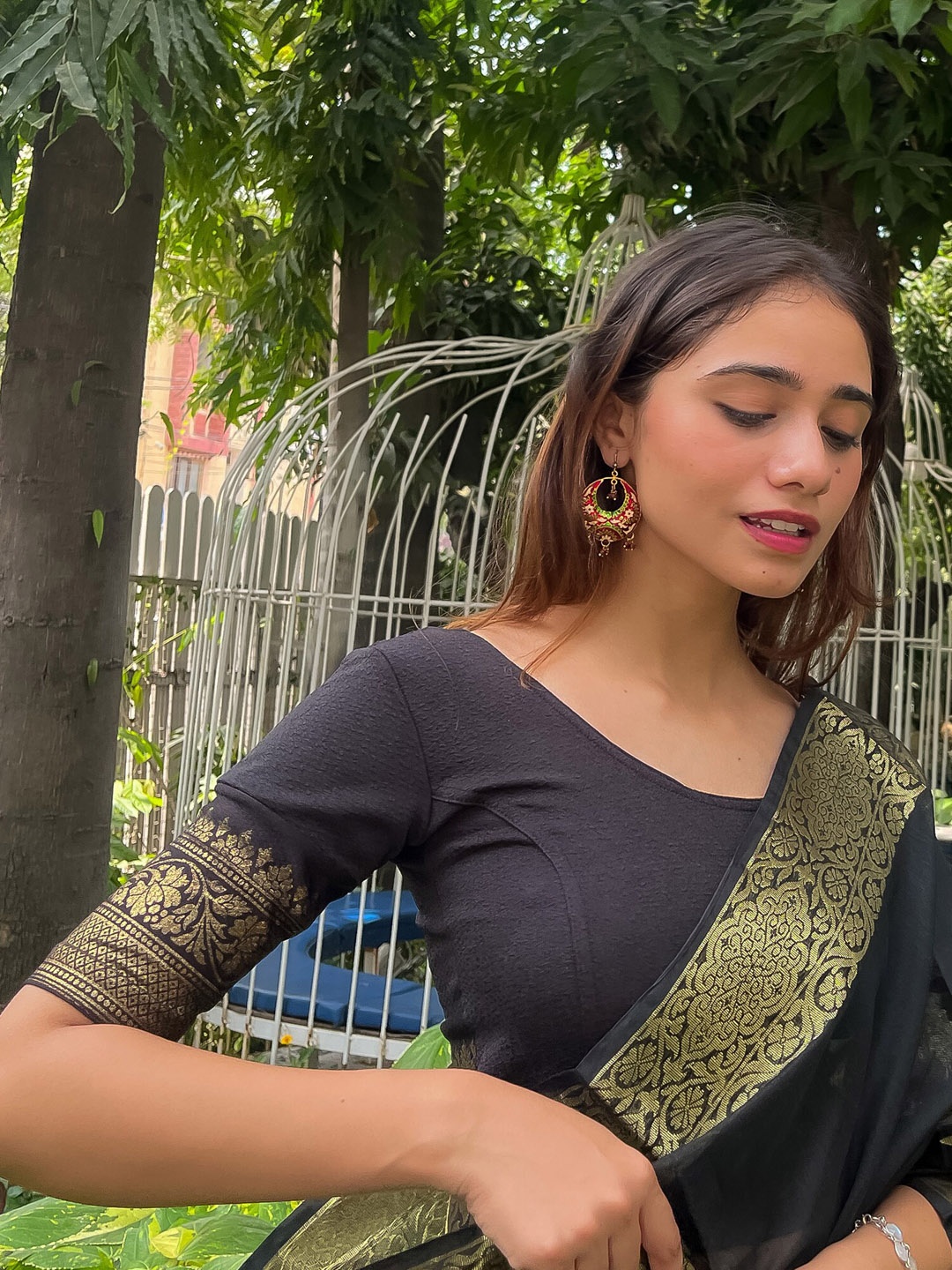 

Bindigasm's Advi Printed Jacquard Saree Blouse, Black