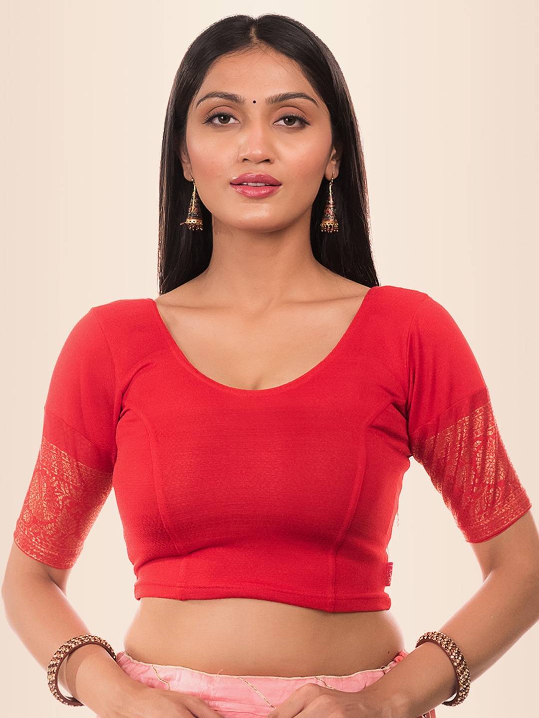 

Bindigasm's Advi Printed Jacquard Stretchable Saree Blouse, Red