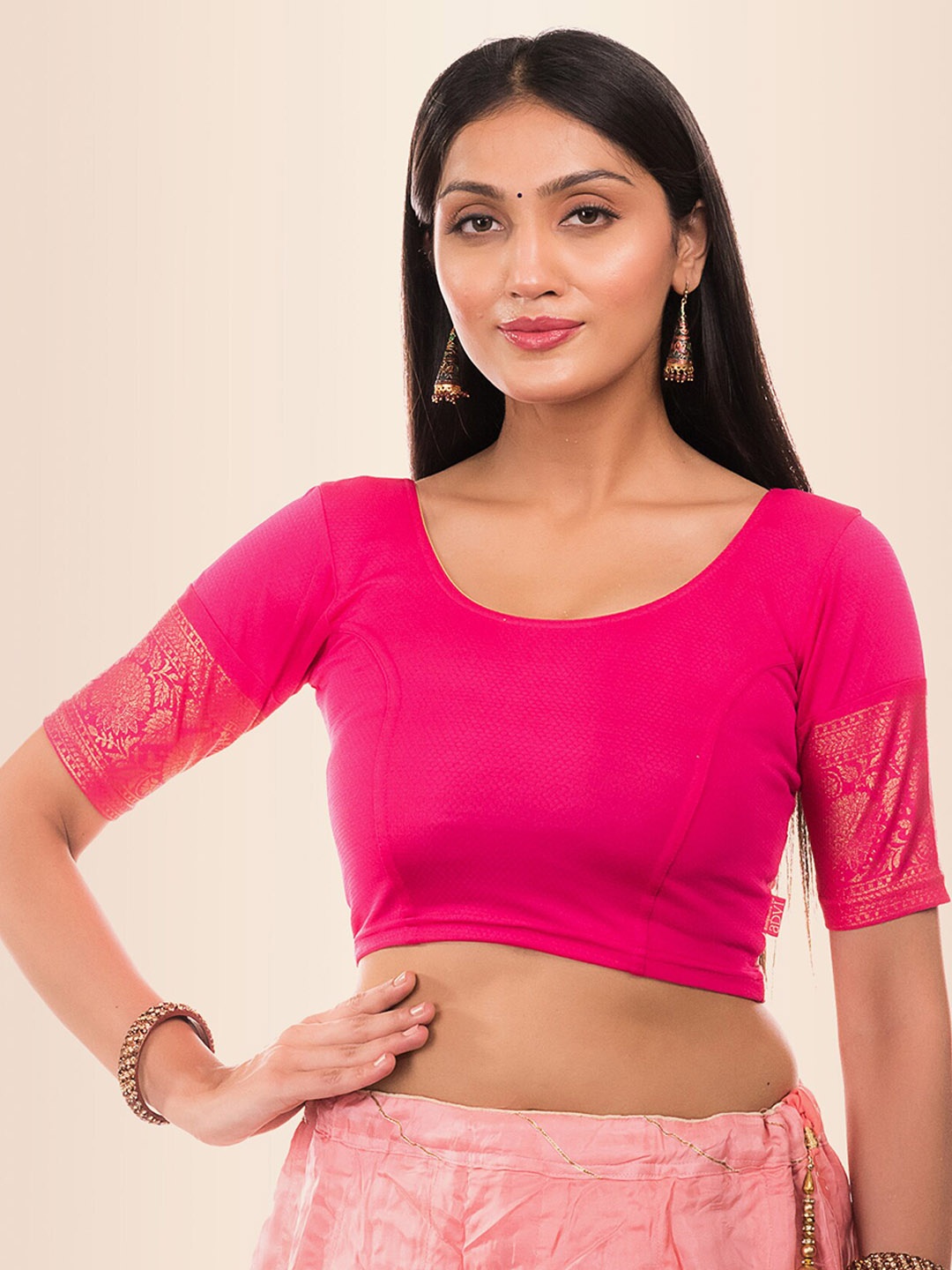 

Bindigasm's Advi Printed Jacquard Stretchable Saree Blouse, Pink