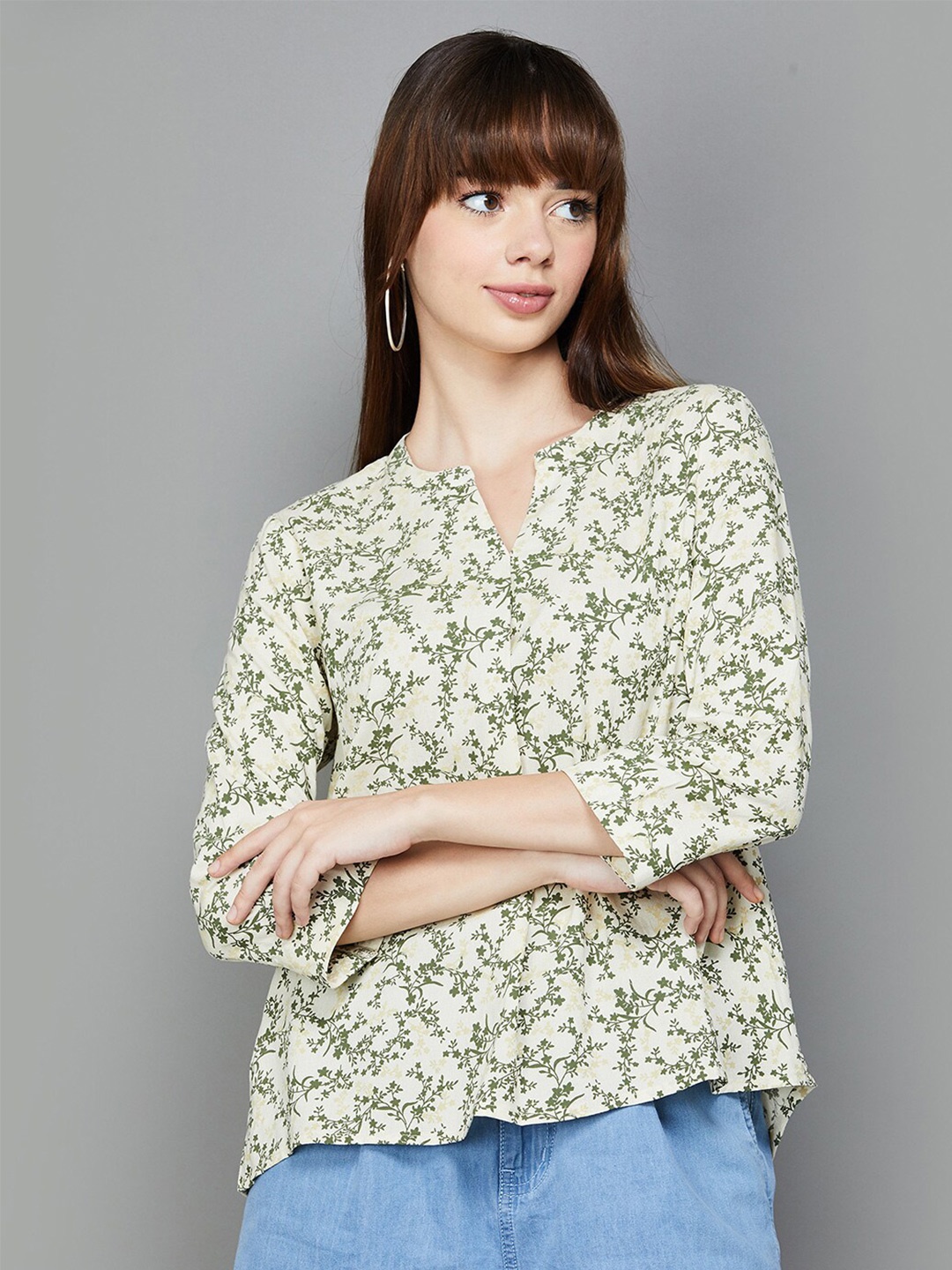 

Fame Forever by Lifestyle Floral Printed Mandarin Collar Top, Off white