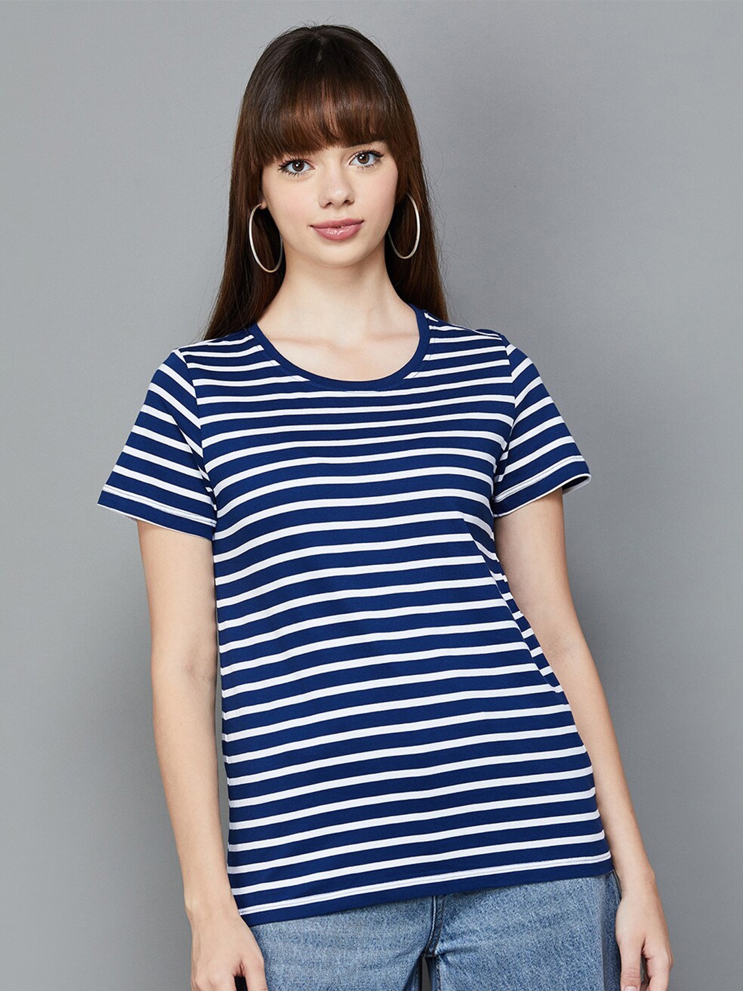 

Fame Forever by Lifestyle Horizontal Striped Knitted Pure Cotton Top, Navy blue