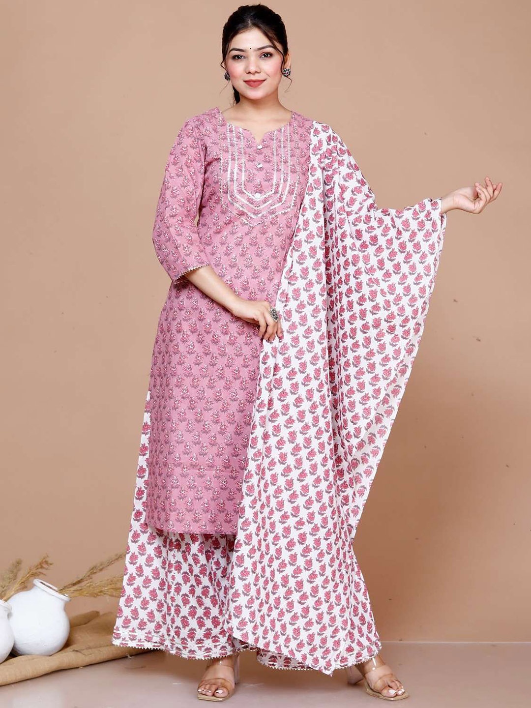 

MIRAVAN Floral Printed Regular Pure Cotton Kurta with Palazzos & Dupatta, Pink