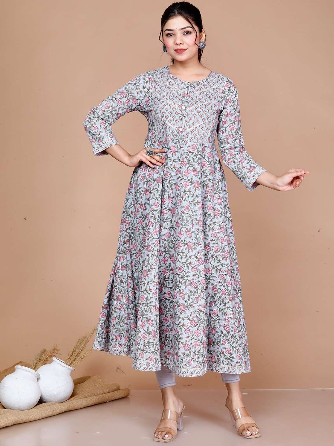 

MIRAVAN Floral Printed Thread Work Cotton Anarkali Kurta, Blue