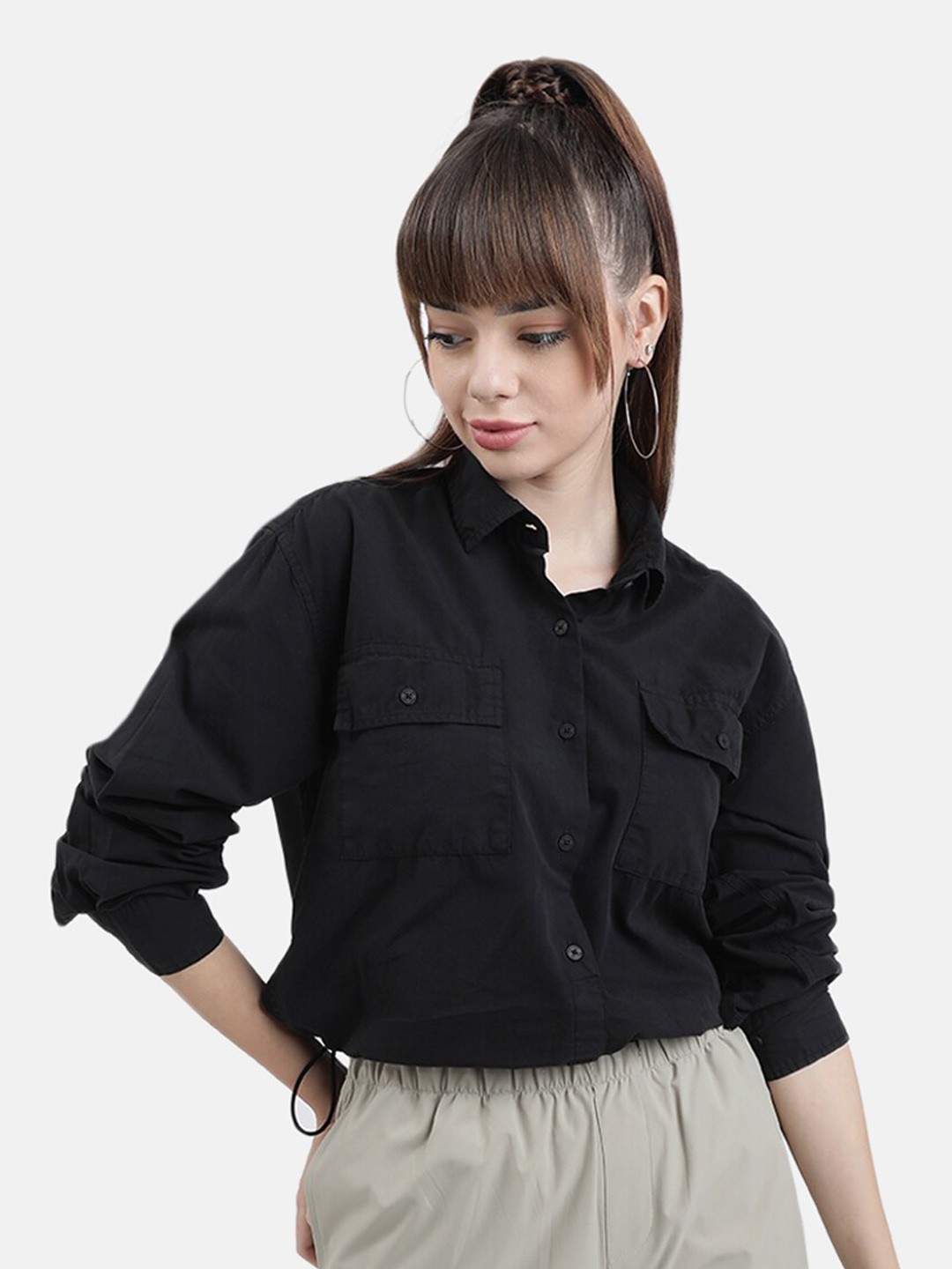 

Bene Kleed Boxy fit Pure Cotton Casual Crop Shirt with adjustable hemline, Black