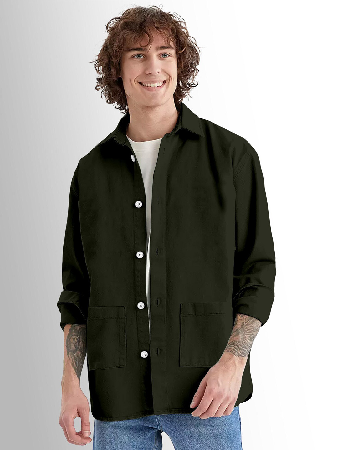 

FTX Cotton Oversized Modern Opaque Casual Shirt, Olive