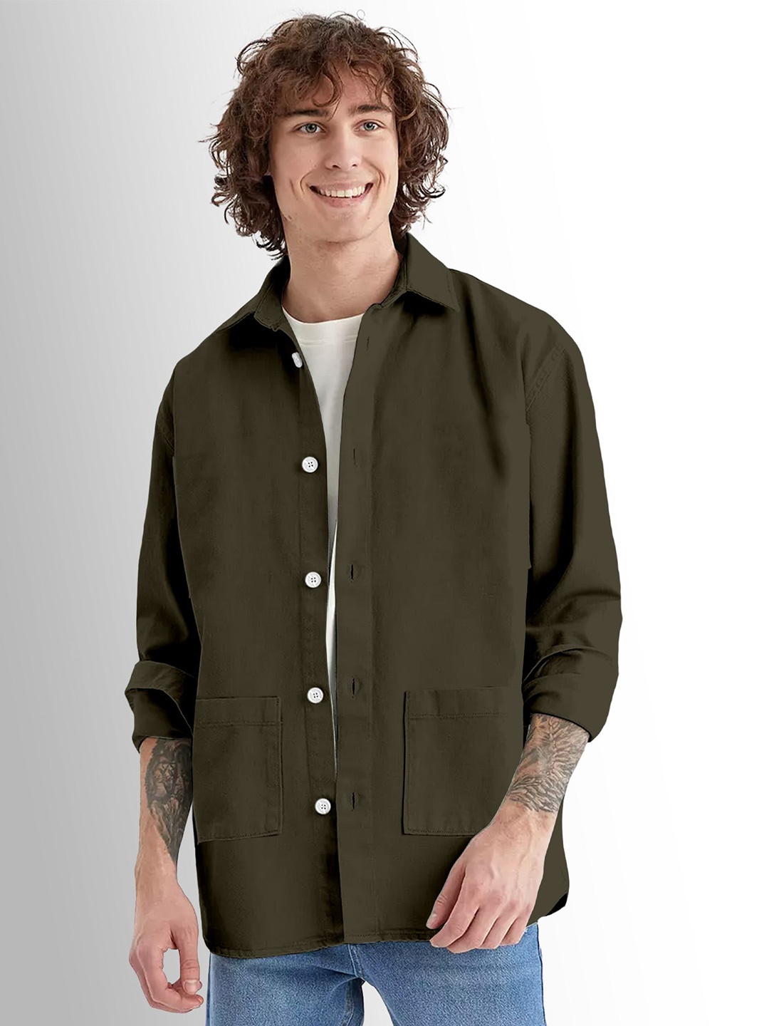 

FTX Modern Spread Collar Pure Cotton Casual Shacket, Olive