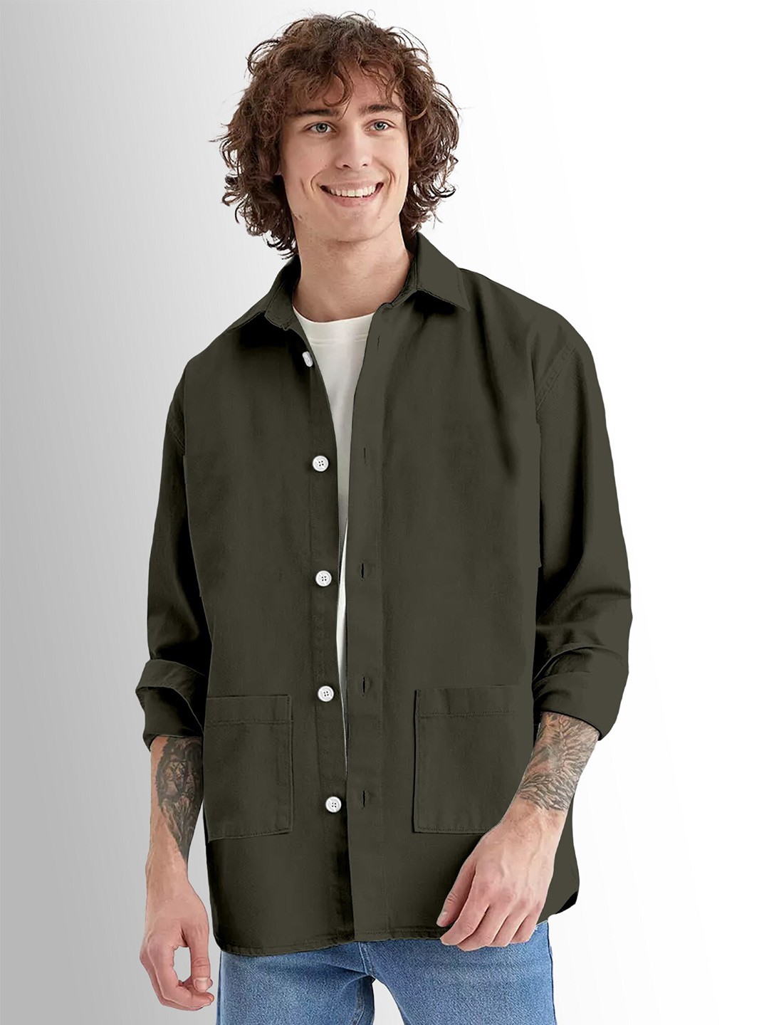 

FTX Spread Collar Pure Cotton Casual Shacket, Olive