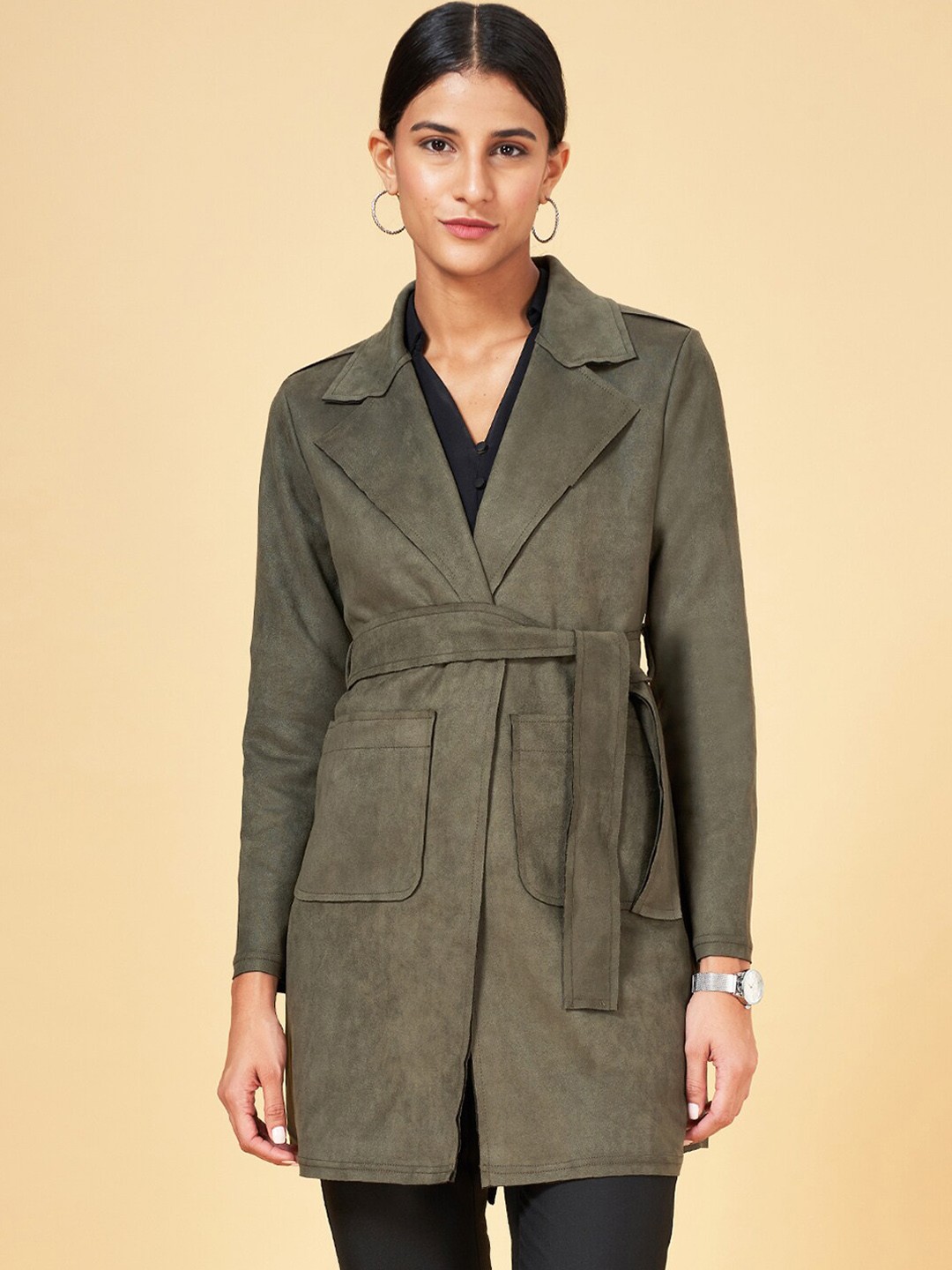

Annabelle by Pantaloons Notched Lapel Longline Pea Coat, Olive