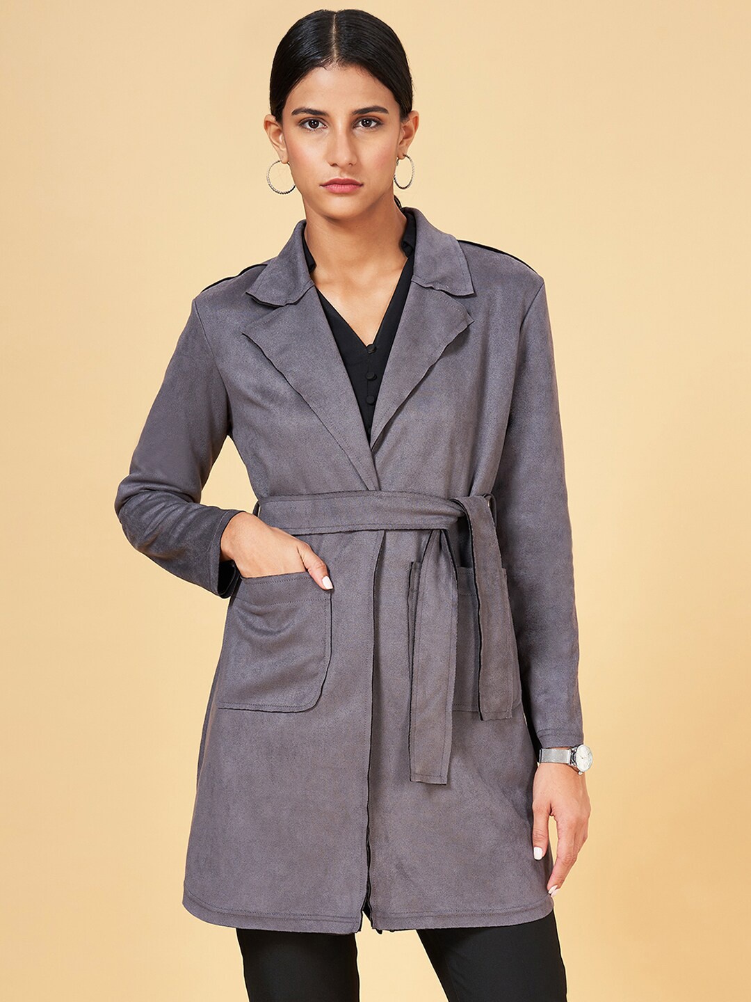 

Annabelle by Pantaloons Notched Lapel Longline Trench Coat, Grey