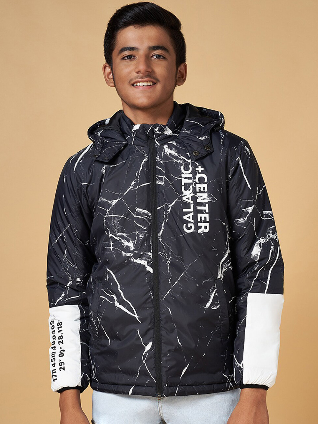 

Coolsters by Pantaloons Boys Abstract Printed Hooded Bomber Jacket, Black