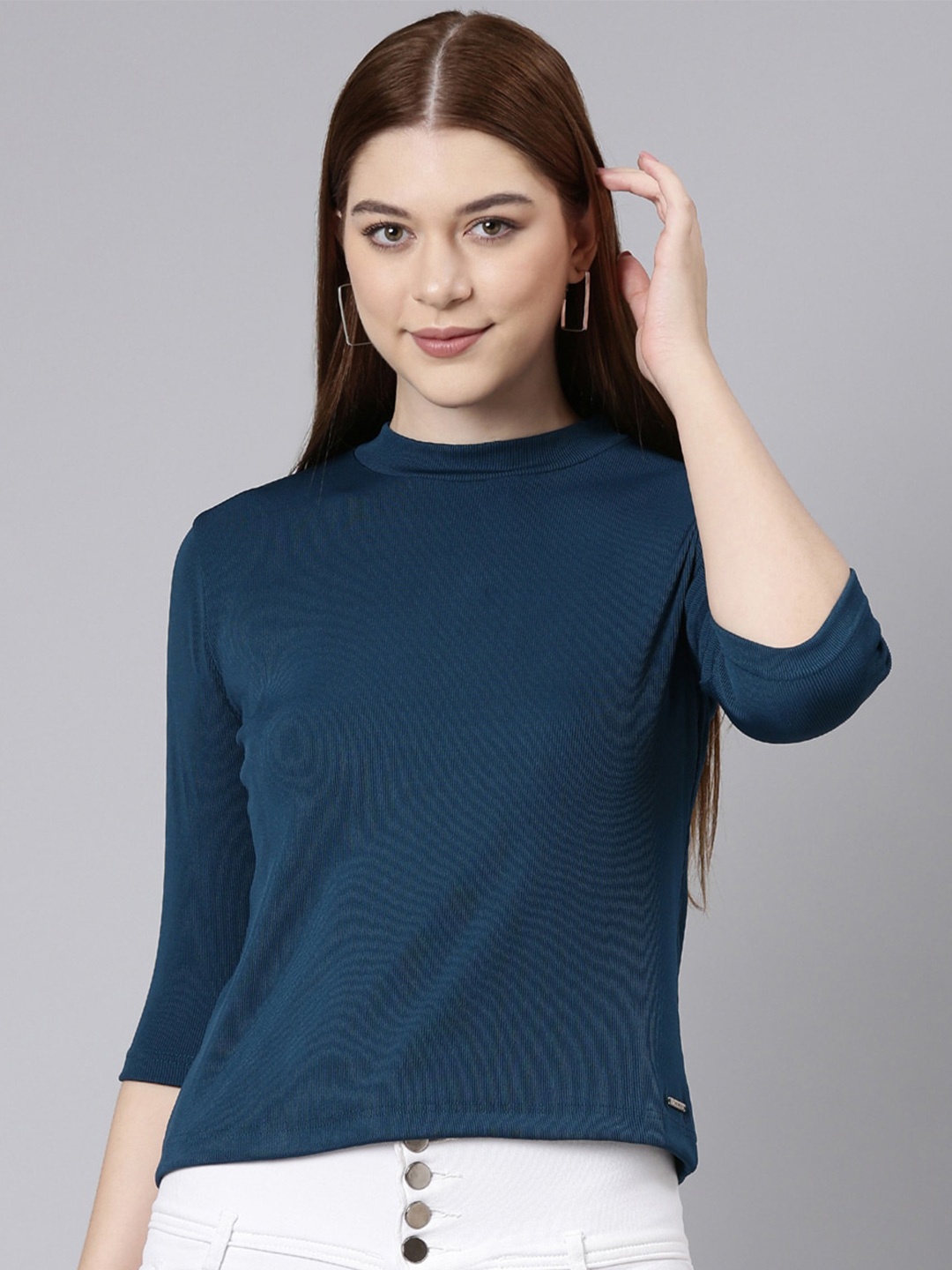 

TWIN BIRDS High Neck Three Quarter Sleeves T-shirt, Blue
